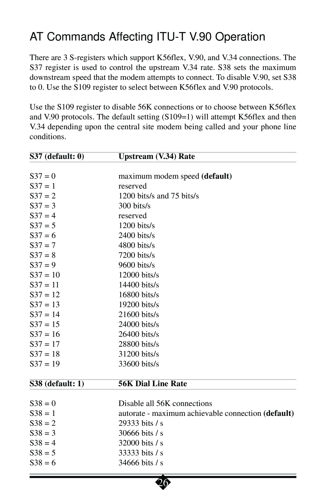 Actiontec electronic manual AT Commands Affecting ITU-T V.90 Operation, S38 Default 56K Dial Line Rate 