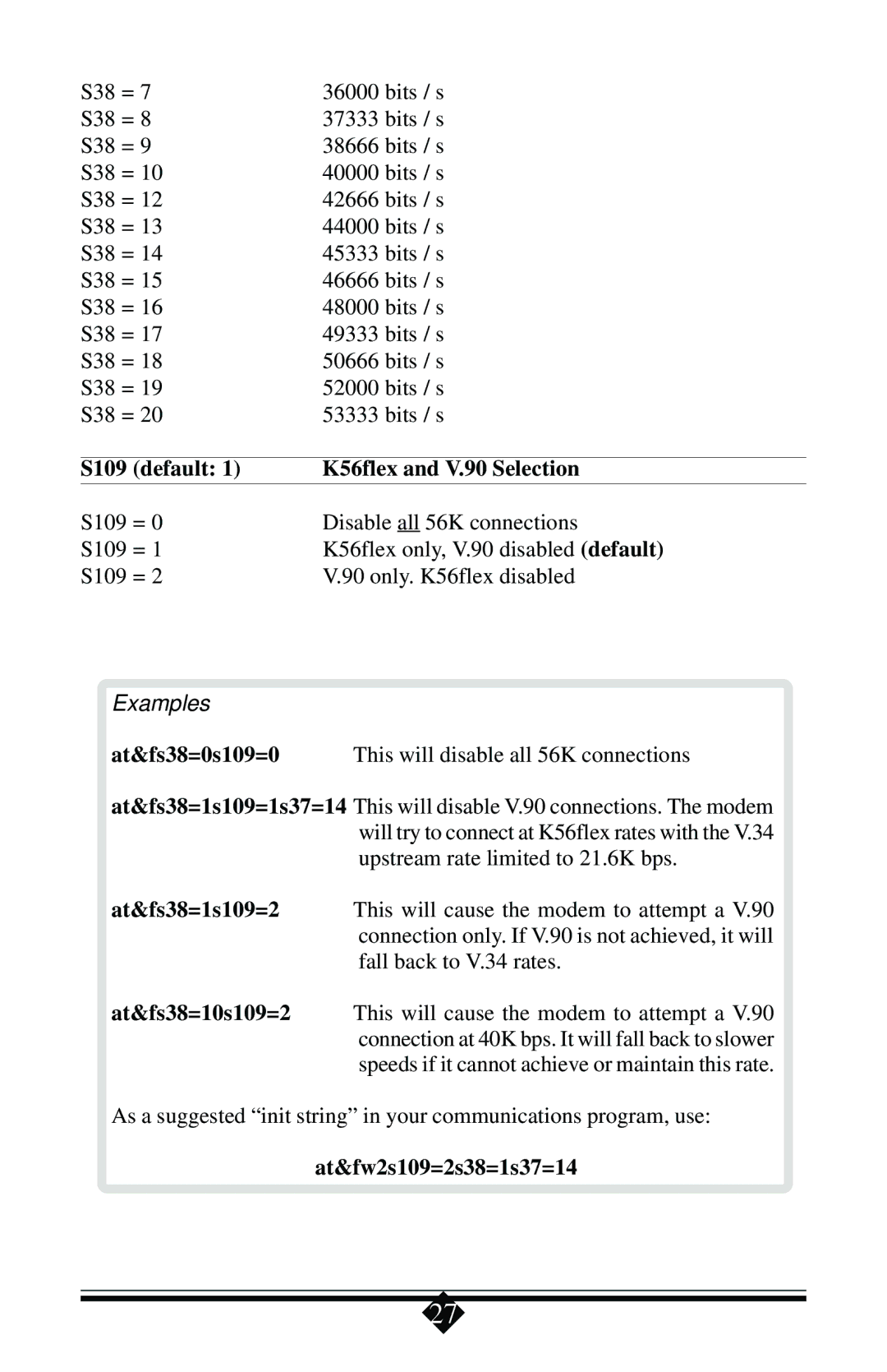 Actiontec electronic 56K manual S109 default K56flex and V.90 Selection, Examples 