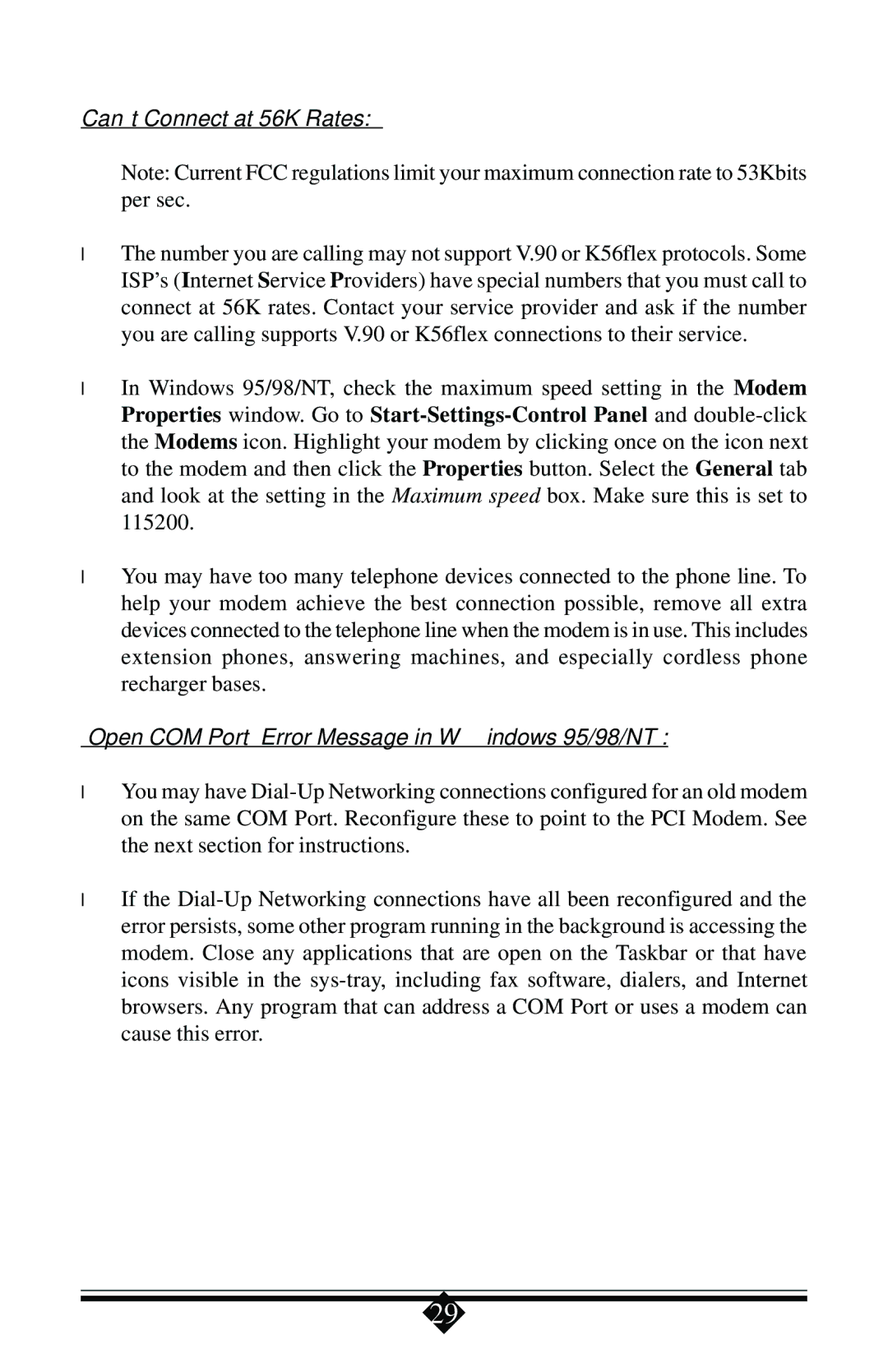 Actiontec electronic manual Can’t Connect at 56K Rates, Open COM Port Error Message in W indows 95/98/NT 