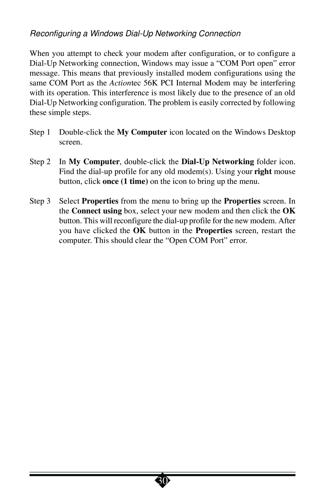 Actiontec electronic 56K manual Reconfiguring a Windows Dial-Up Networking Connection 