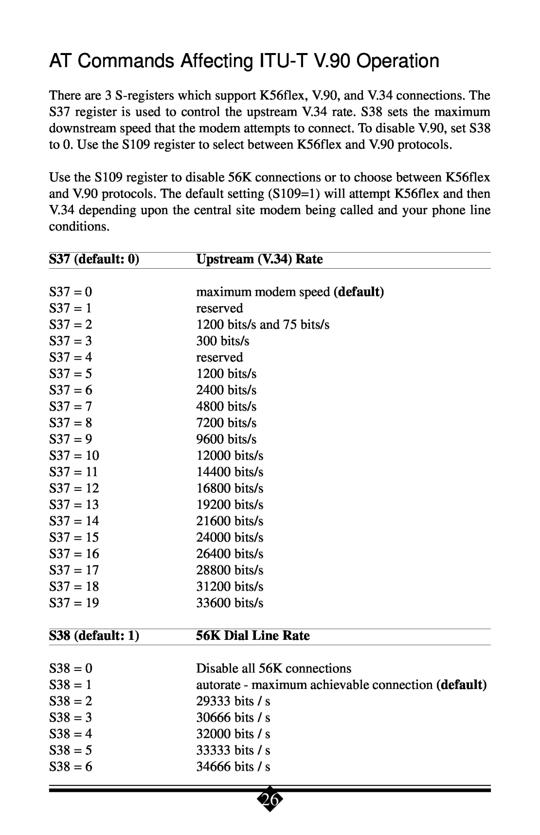 Actiontec electronic manual AT Commands Affecting ITU-T V.90 Operation, default, Upstream V.34 Rate, 56K Dial Line Rate 