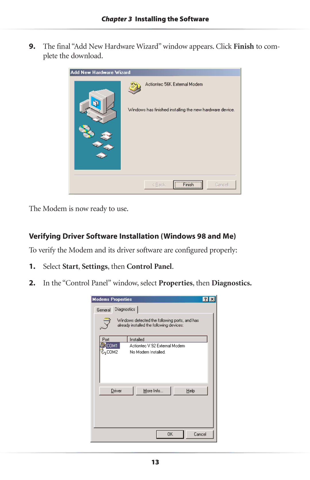 Actiontec electronic 56K/V.92 user manual Verifying Driver Software Installation Windows 98 and Me 