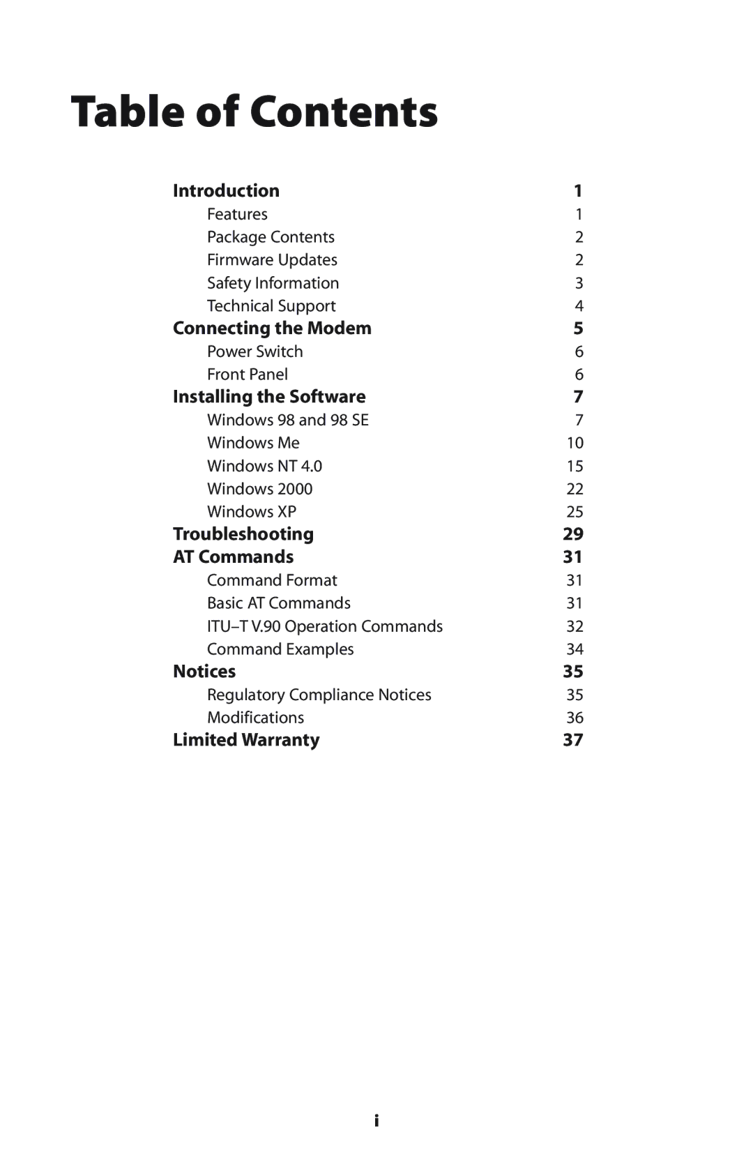 Actiontec electronic 56K/V.92 user manual Table of Contents 