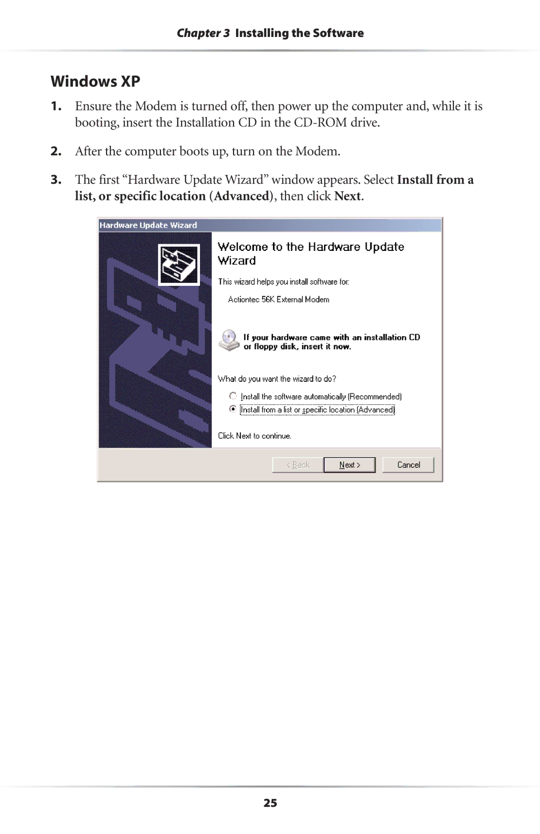 Actiontec electronic 56K/V.92 user manual Windows XP 