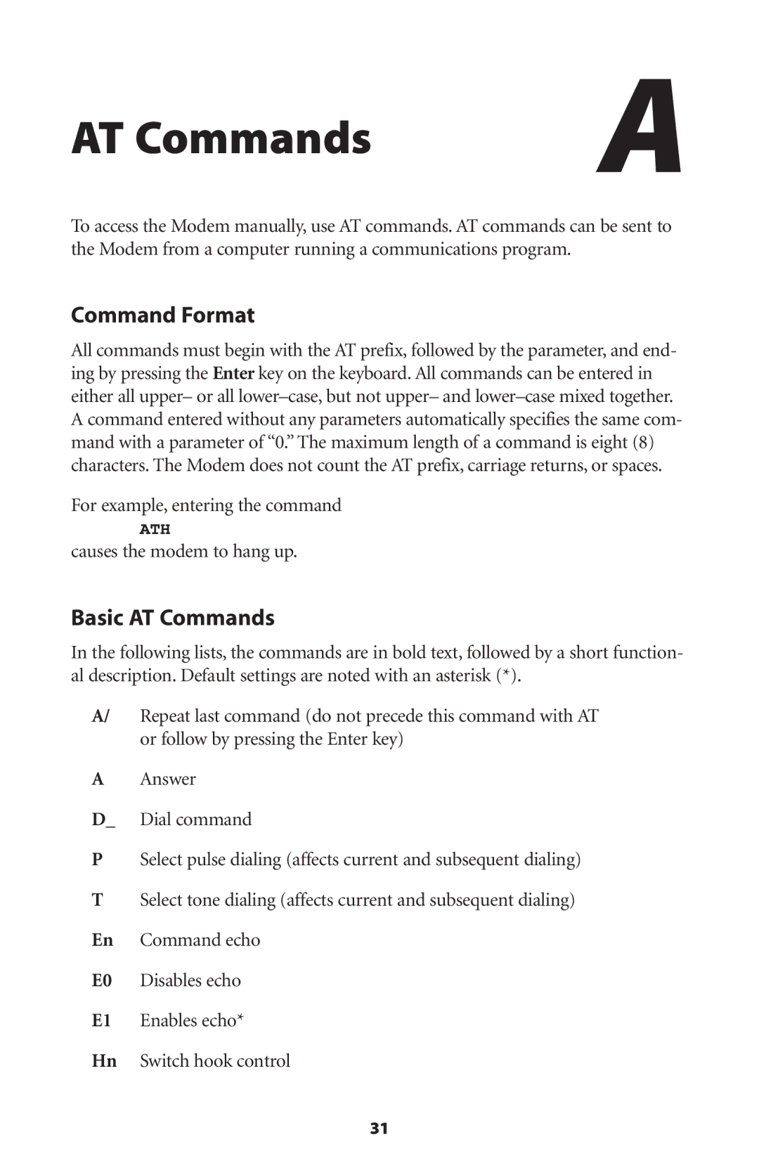 Actiontec electronic 56K/V.92 user manual Command Format, Basic AT Commands 