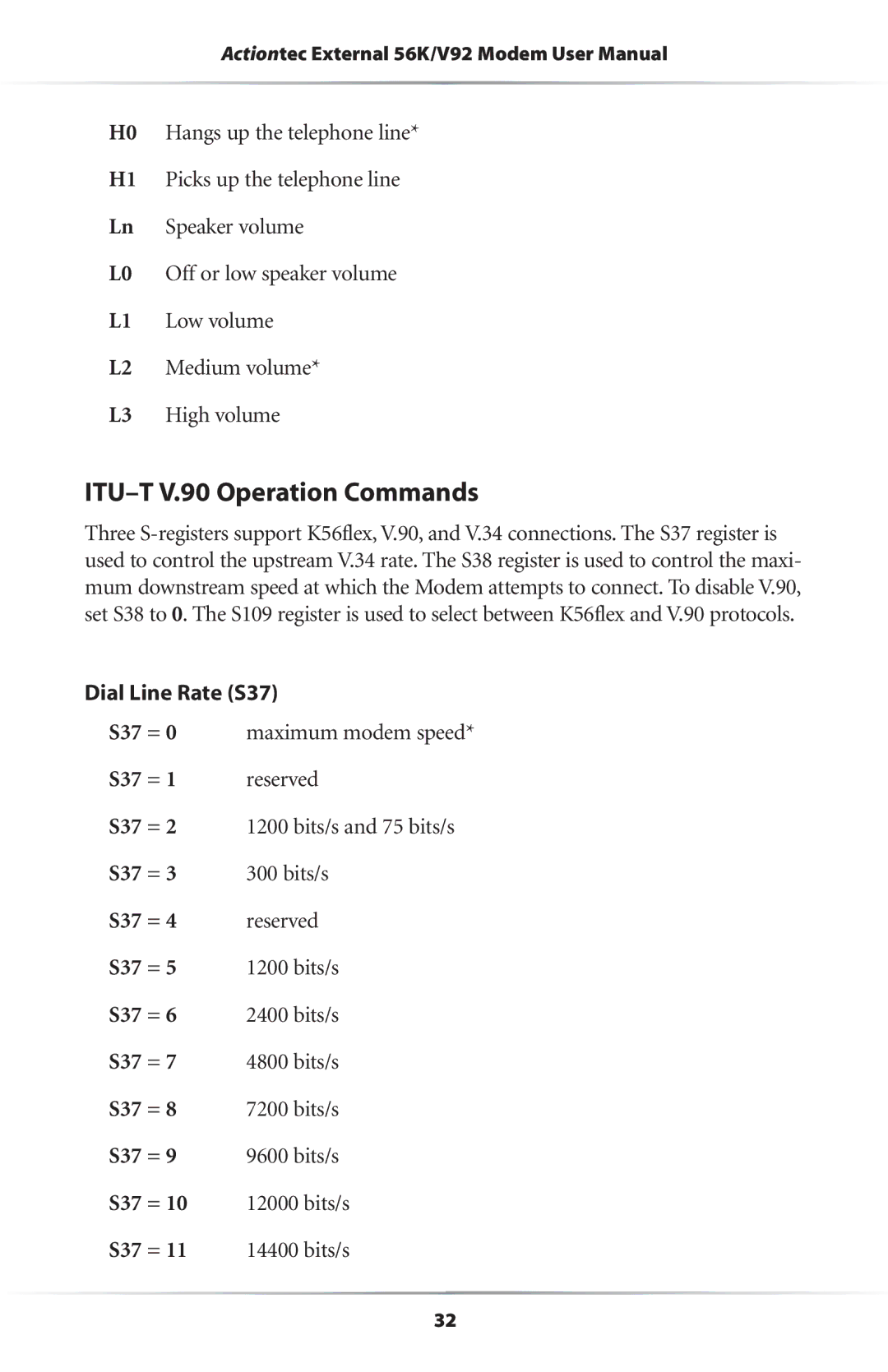 Actiontec electronic 56K/V.92 user manual ITU-T V.90 Operation Commands, Dial Line Rate S37 