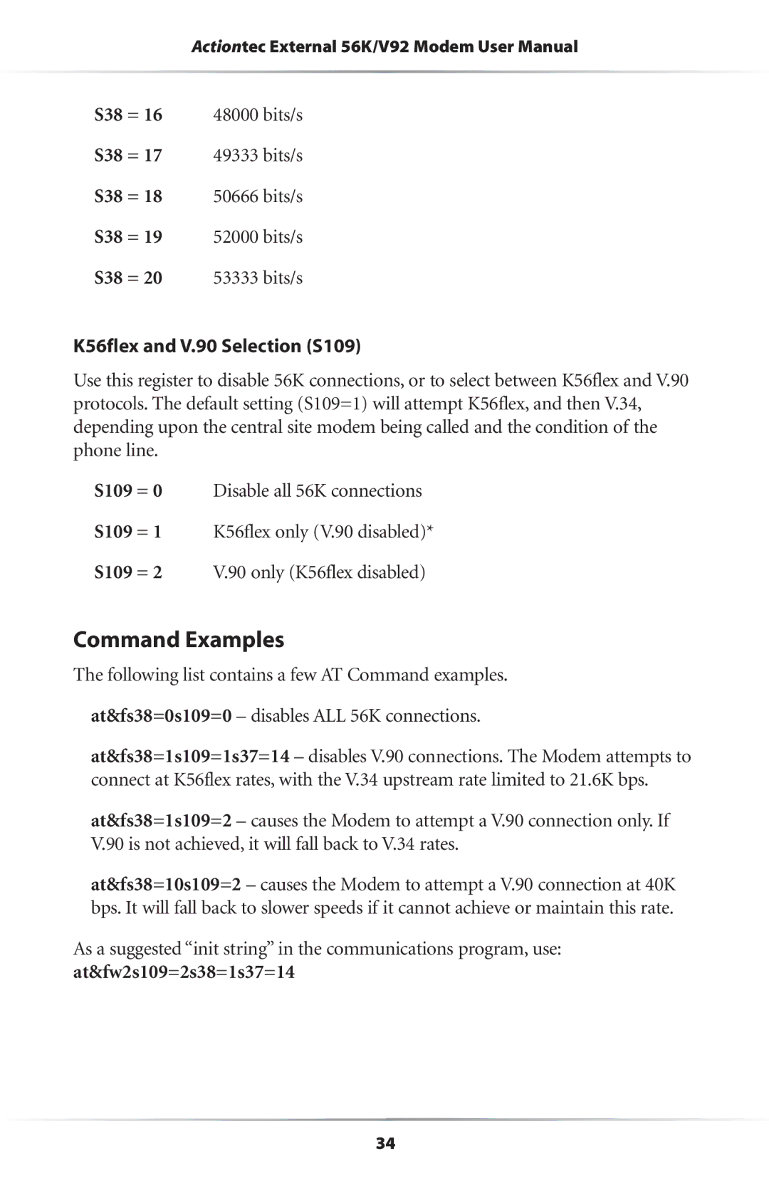 Actiontec electronic 56K/V.92 user manual Command Examples, K56flex and V.90 Selection S109 