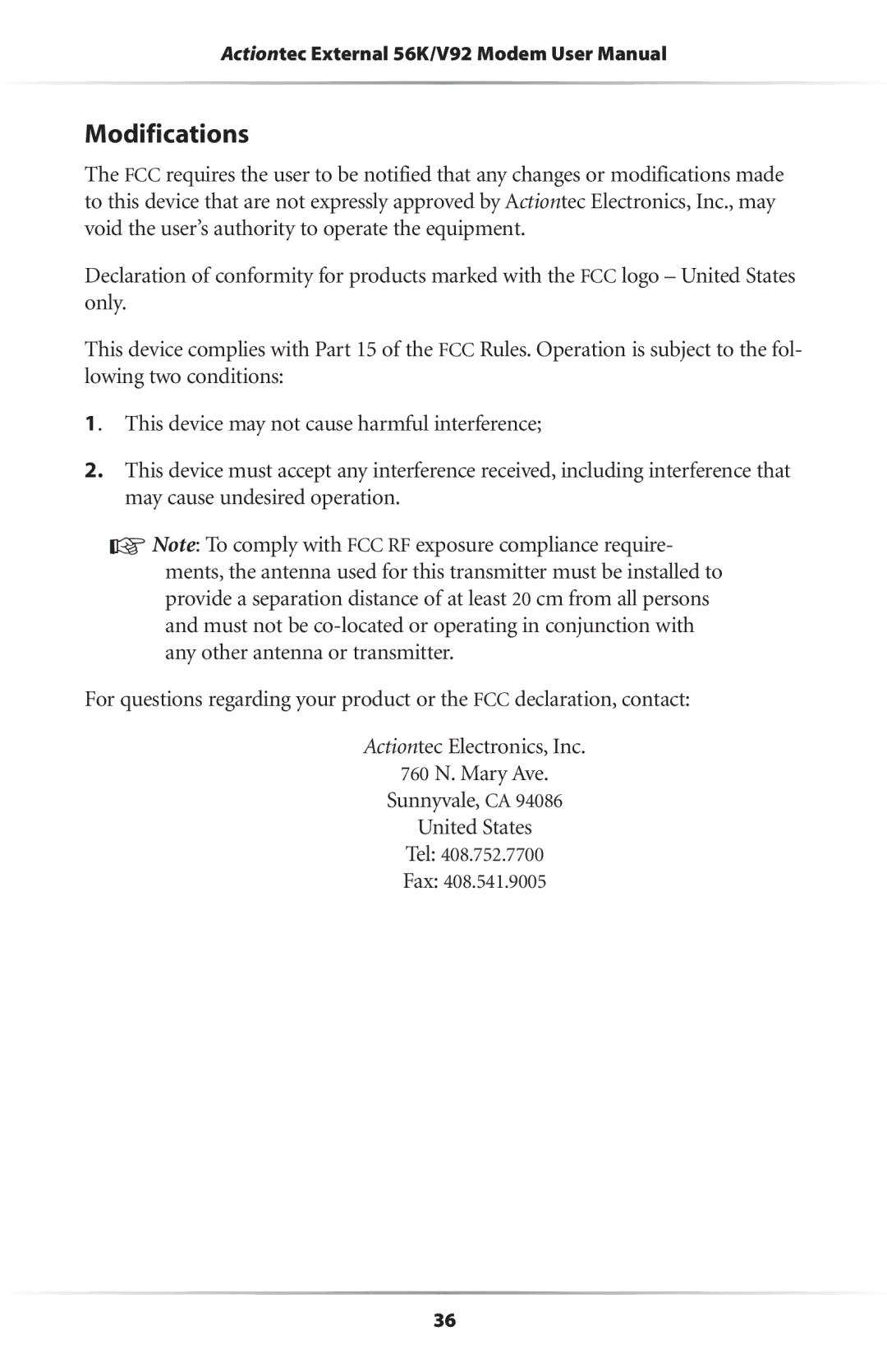 Actiontec electronic 56K/V.92 user manual Modifications 