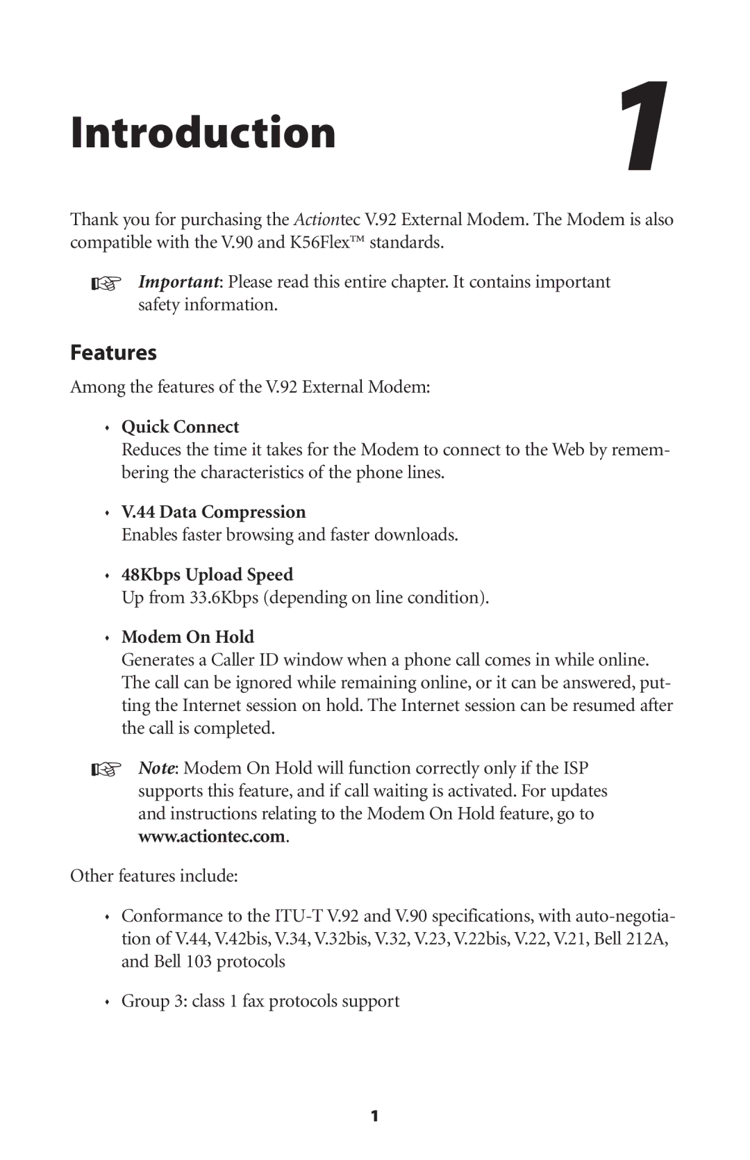 Actiontec electronic 56K/V.92 user manual Introduction1, Features 