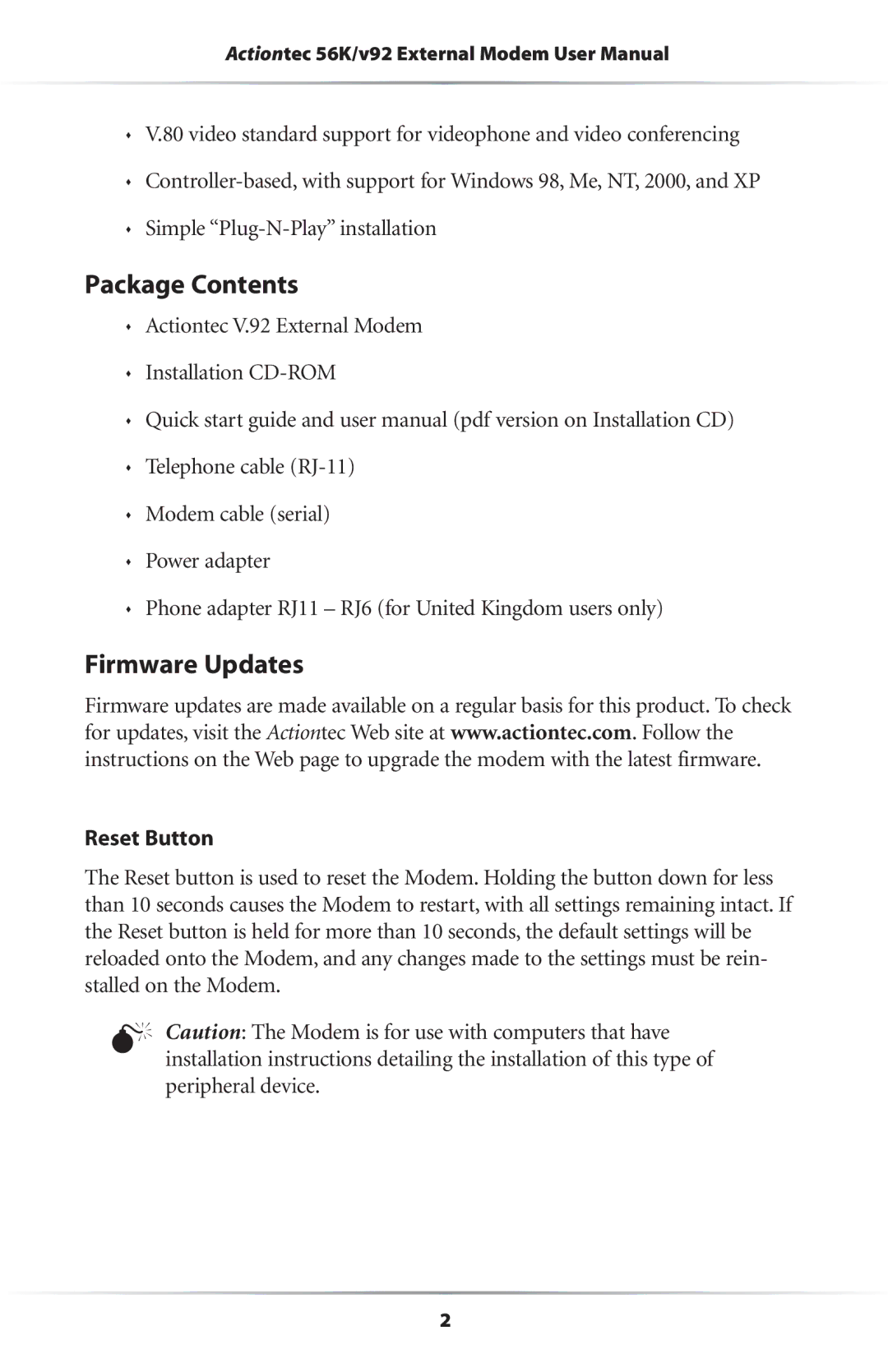 Actiontec electronic 56K/V.92 user manual Package Contents, Firmware Updates 