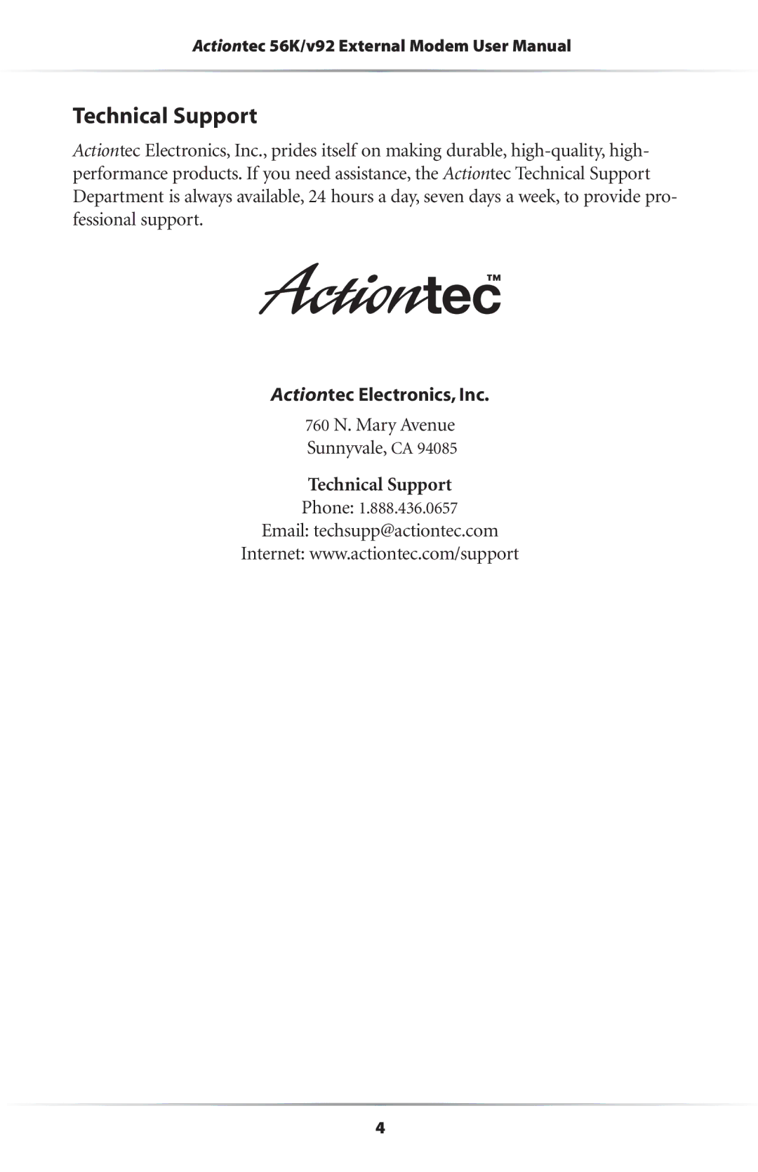 Actiontec electronic 56K/V.92 user manual Technical Support, Actiontec Electronics, Inc 