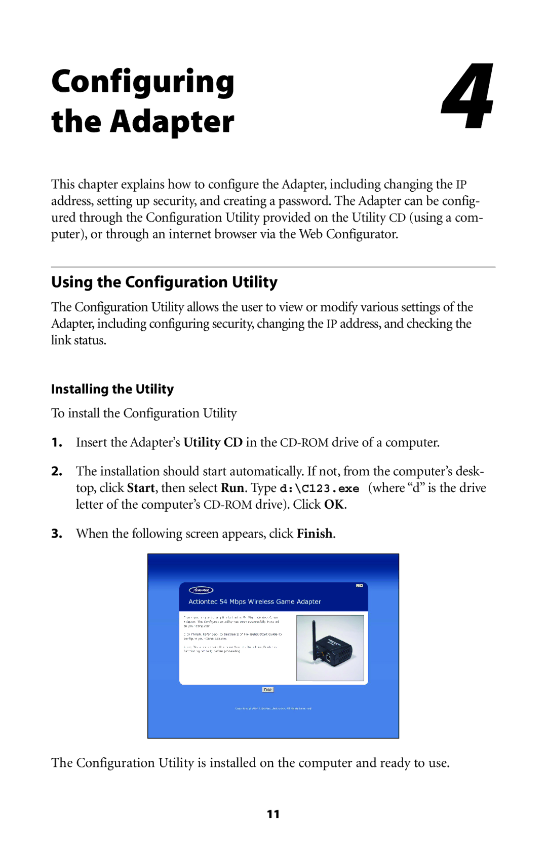 Actiontec electronic 802EAG user manual Configuring Adapter, Using the Configuration Utility 