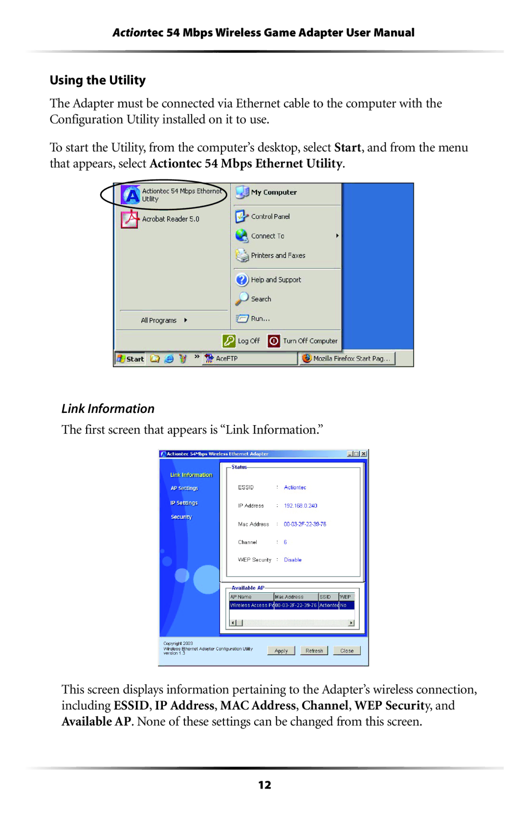 Actiontec electronic 802EAG user manual First screen that appears is Link Information 