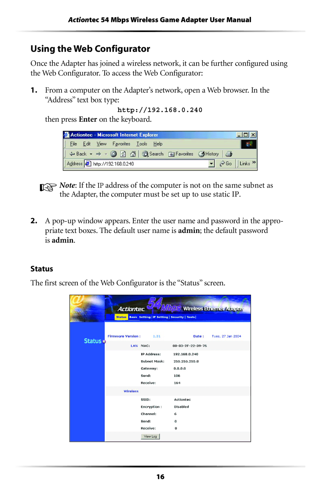 Actiontec electronic 802EAG user manual Using the Web Configurator, Then press Enter on the keyboard 