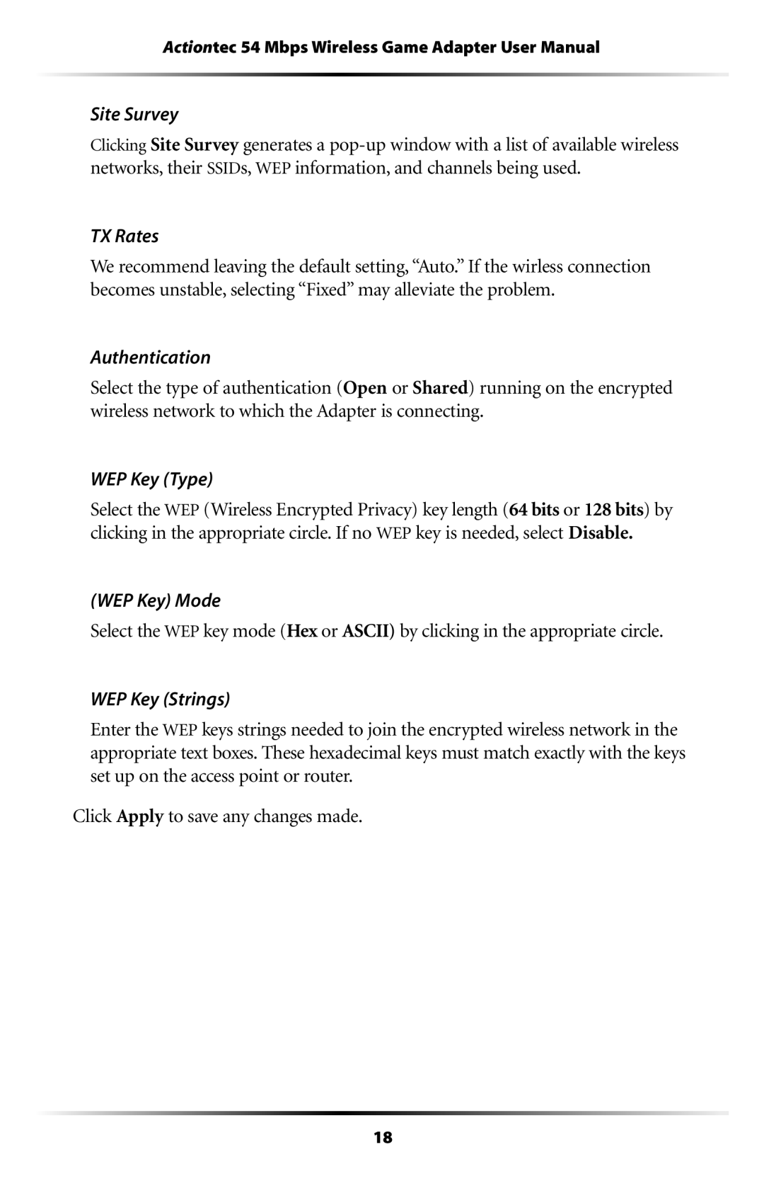 Actiontec electronic 802EAG user manual Site Survey, TX Rates, Authentication, WEP Key Type, WEP Key Mode, WEP Key Strings 