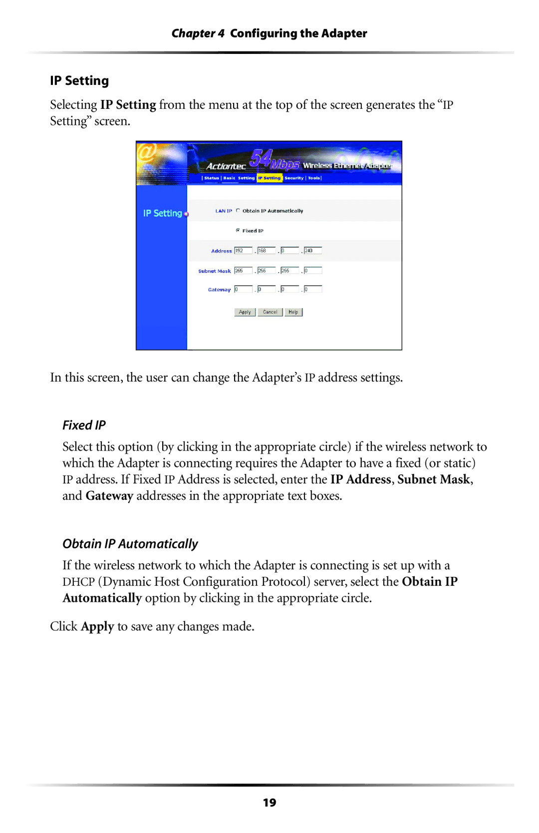 Actiontec electronic 802EAG user manual Fixed IP, Obtain IP Automatically 