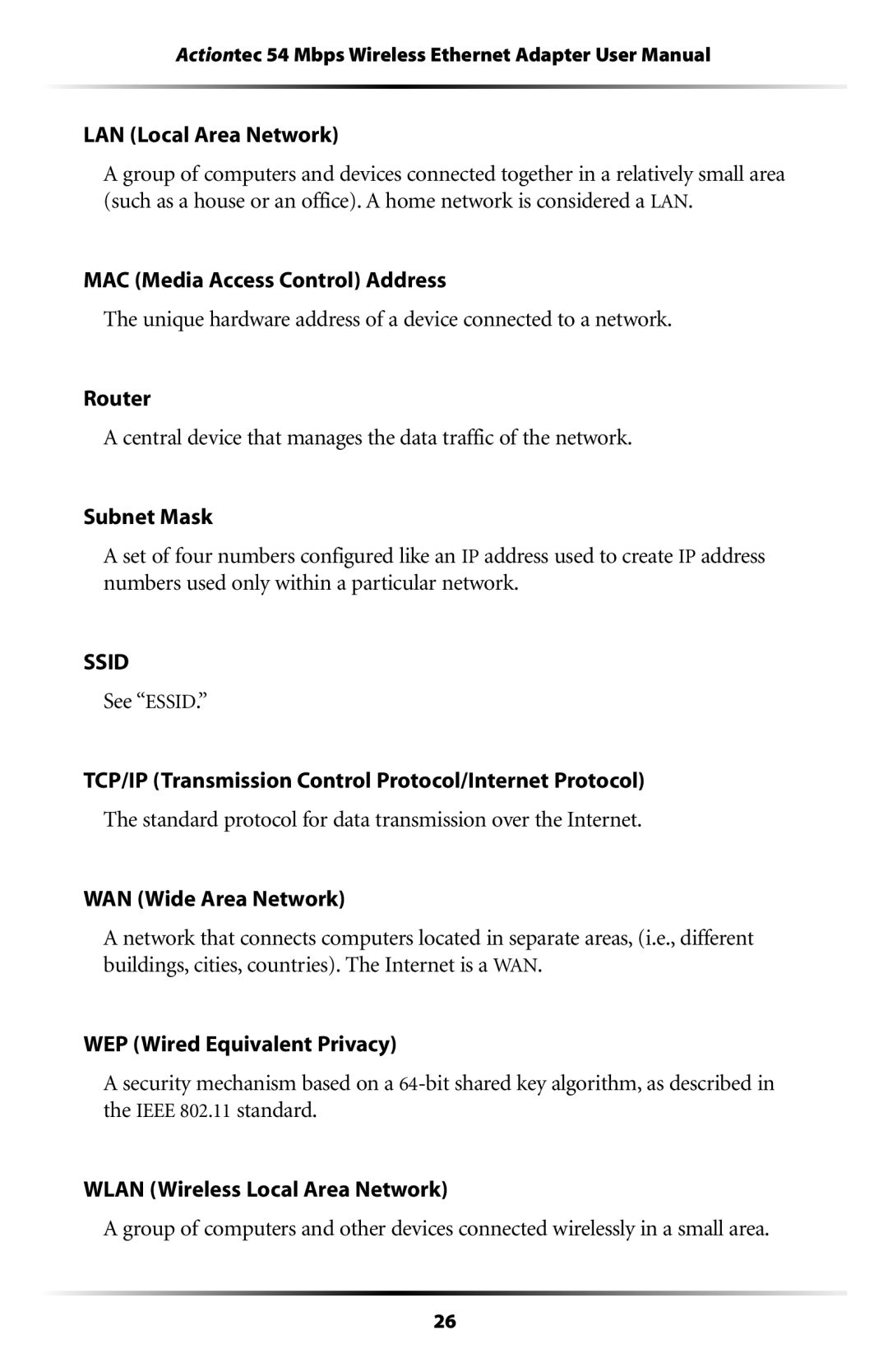 Actiontec electronic 802EAG user manual LAN Local Area Network, Ssid 