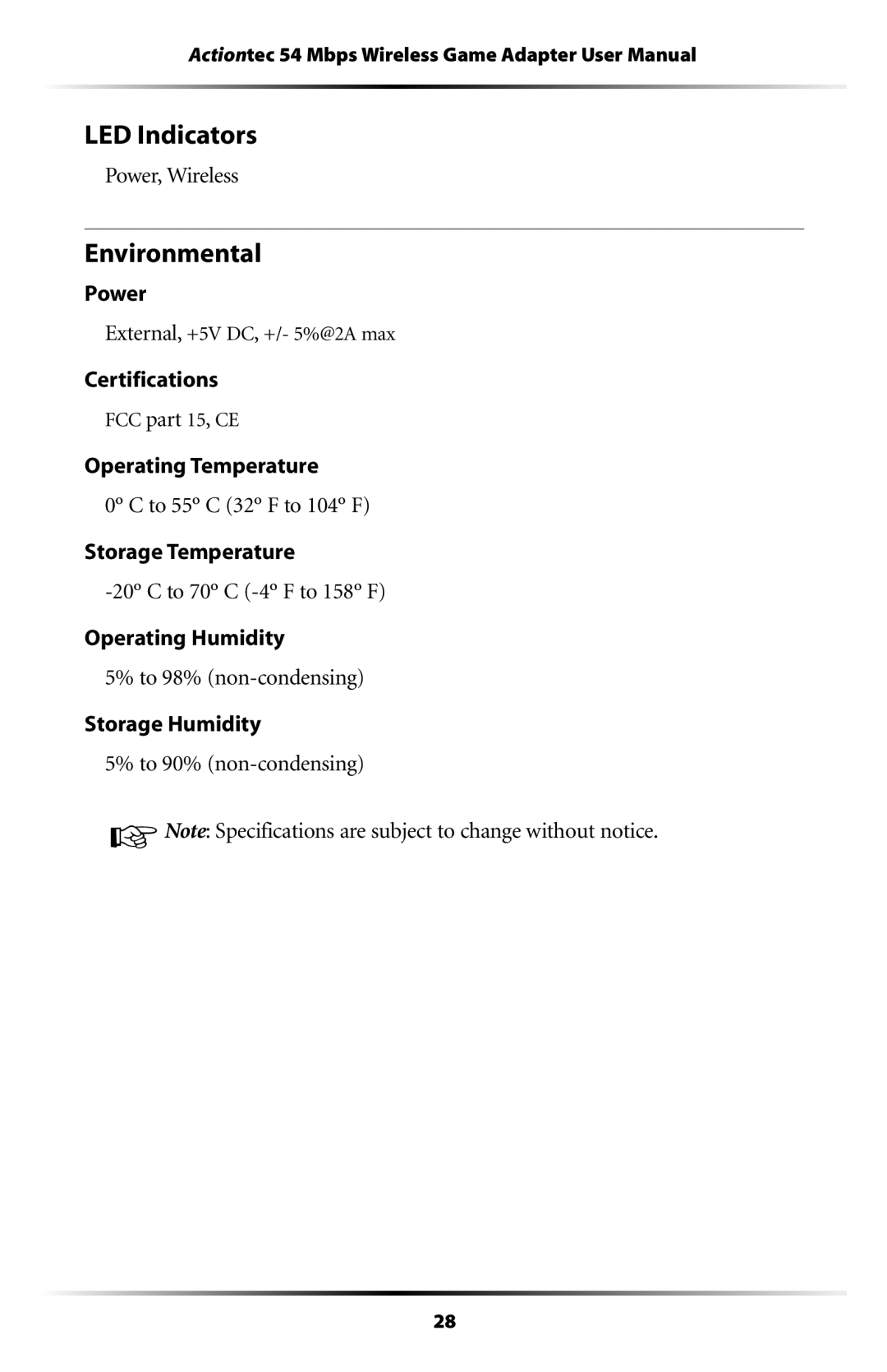 Actiontec electronic 802EAG user manual LED Indicators, Environmental, Power, Wireless, Certifications 