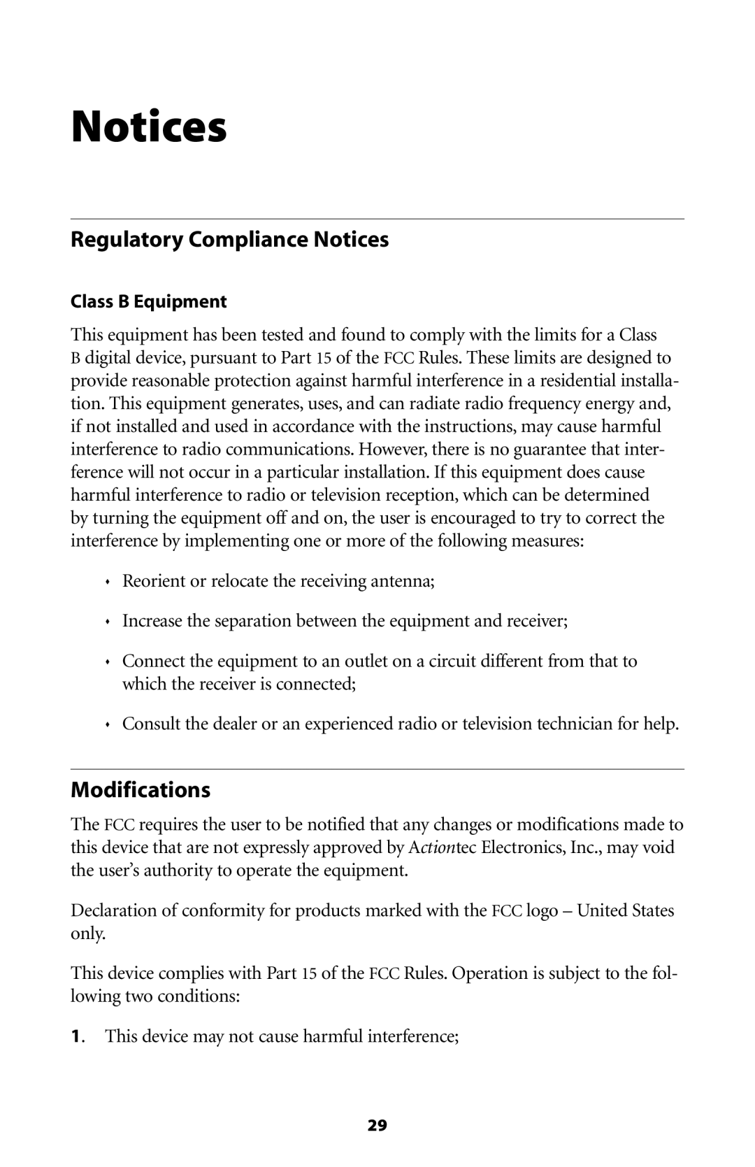 Actiontec electronic 802EAG user manual Regulatory Compliance Notices, Modifications, Class B Equipment 