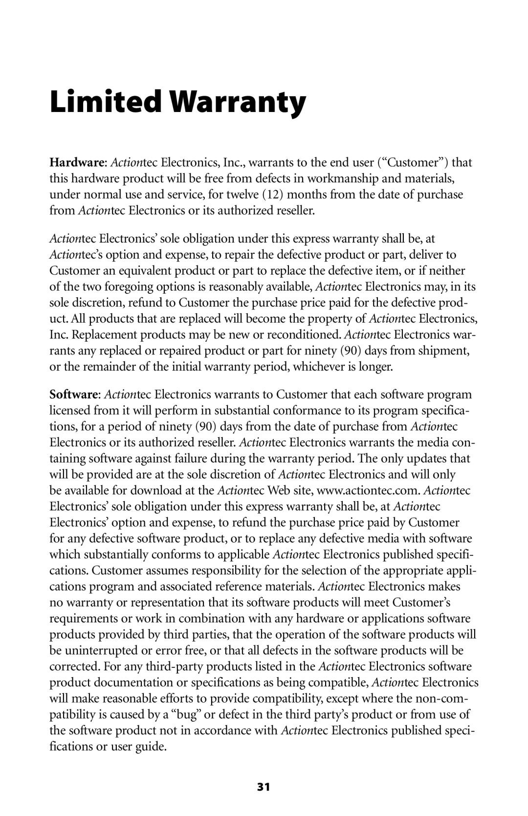 Actiontec electronic 802EAG user manual Limited Warranty 