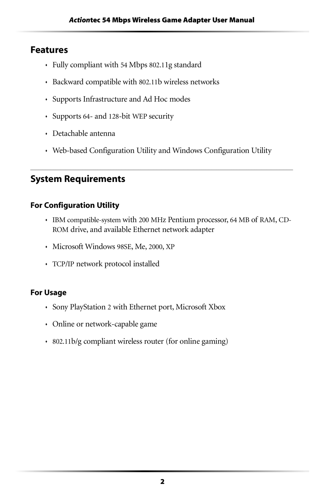 Actiontec electronic 802EAG user manual Features, System Requirements, For Configuration Utility 