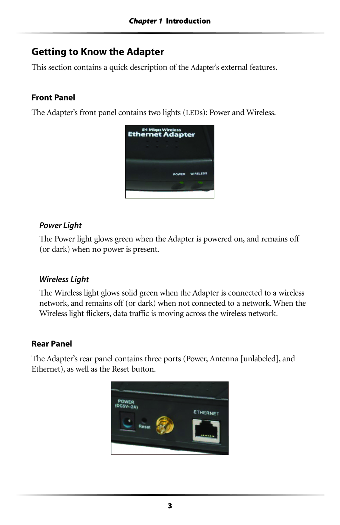 Actiontec electronic 802EAG user manual Getting to Know the Adapter, Power Light, Wireless Light 