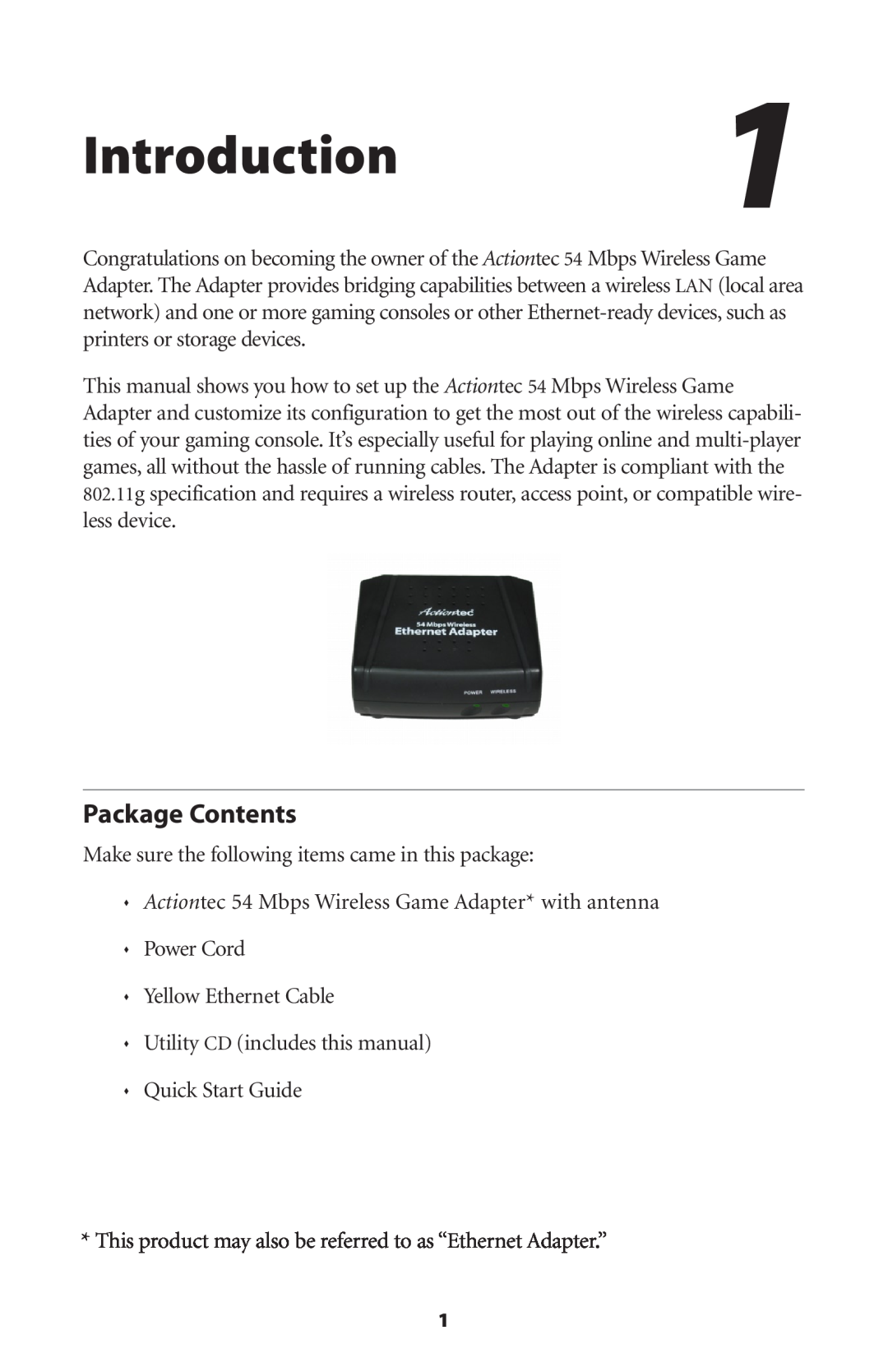 Actiontec electronic 802EAG user manual Introduction1, Package Contents 