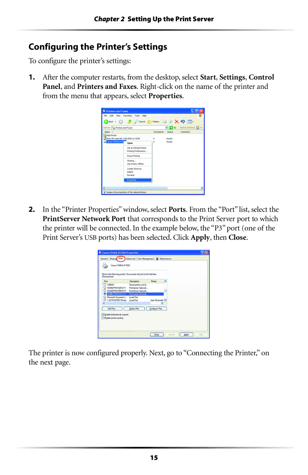 Actiontec electronic 802PSG user manual Configuring the Printer’s Settings 