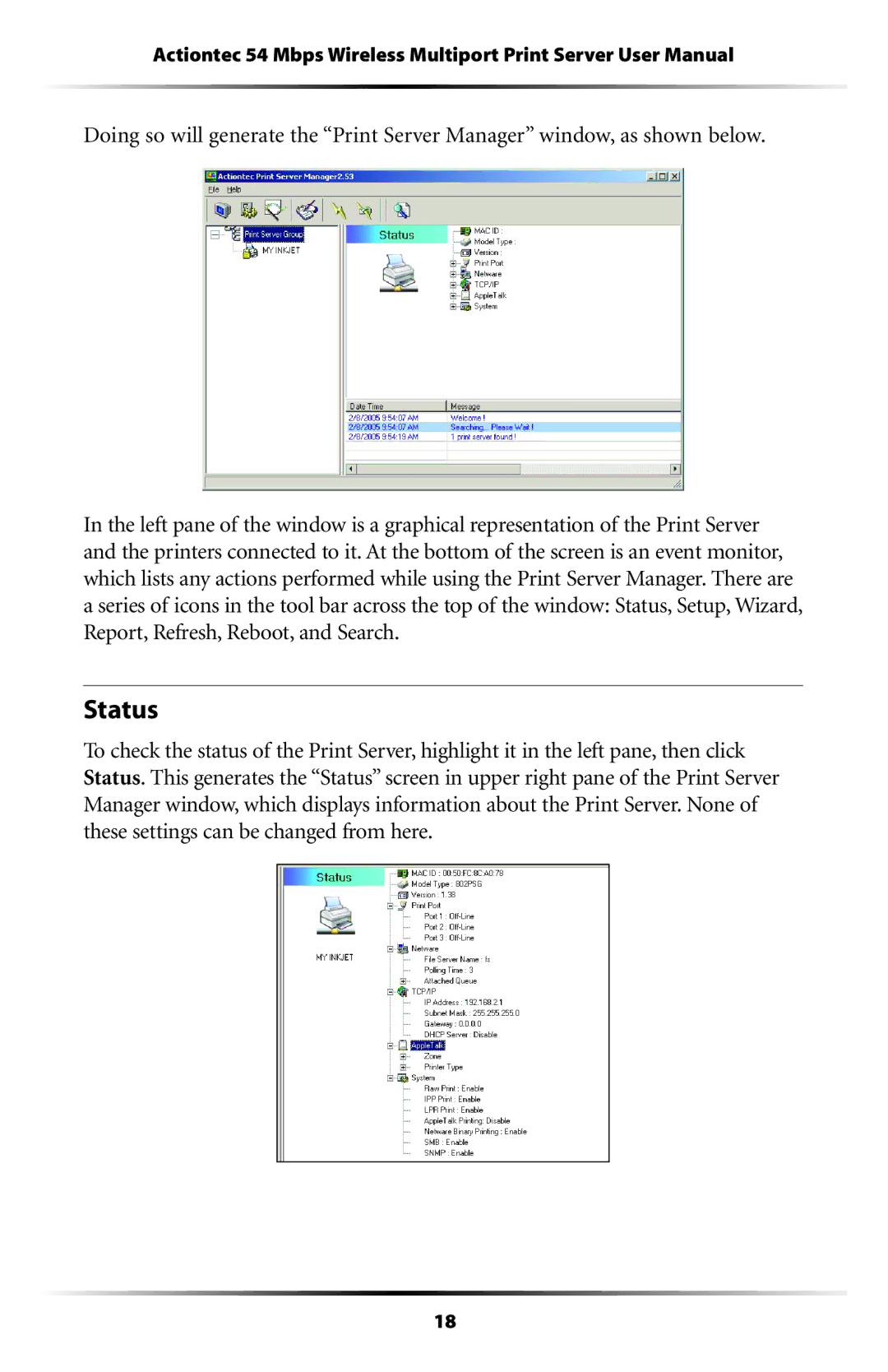 Actiontec electronic 802PSG user manual Status 