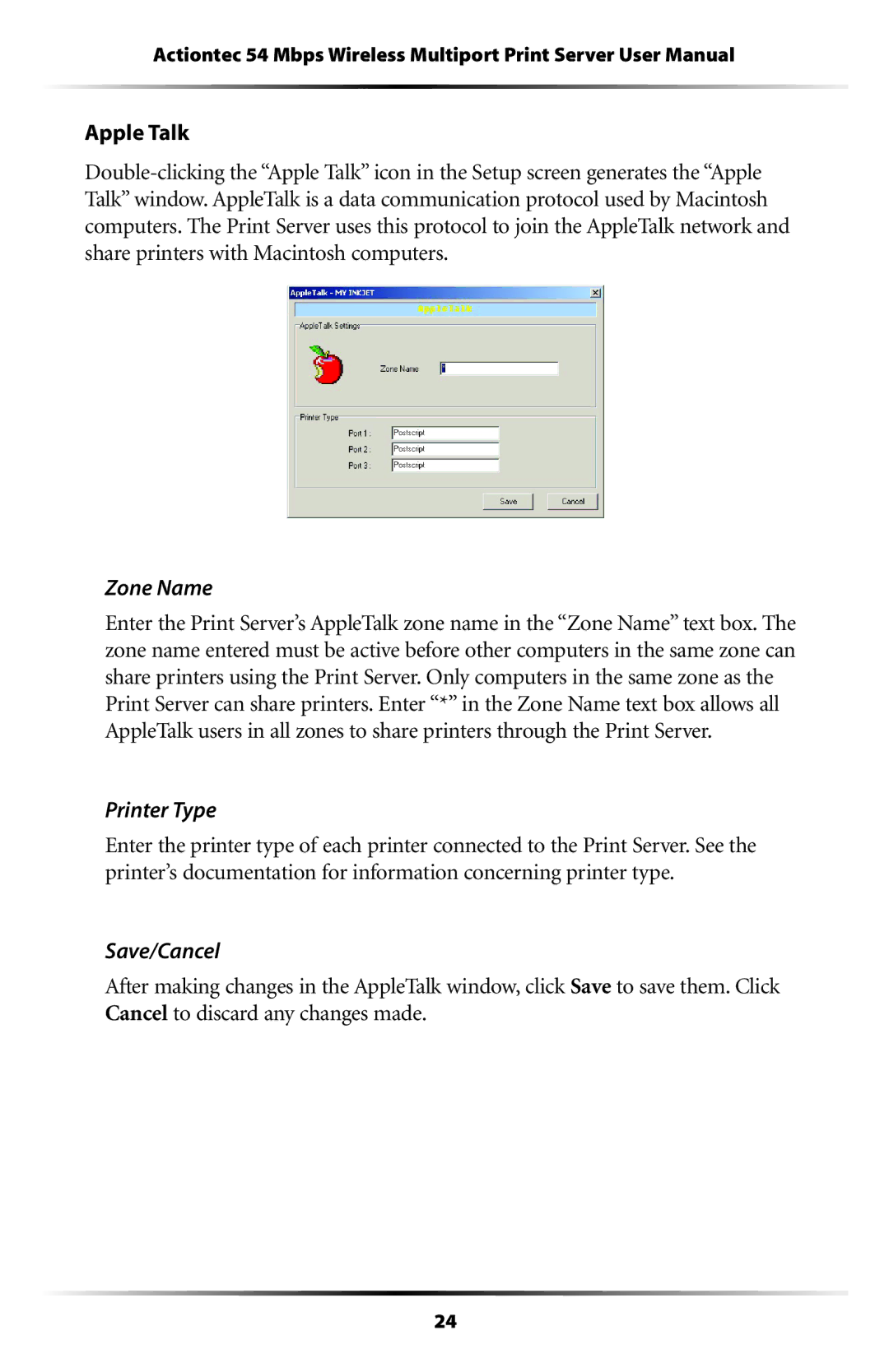 Actiontec electronic 802PSG user manual Zone Name, Printer Type 