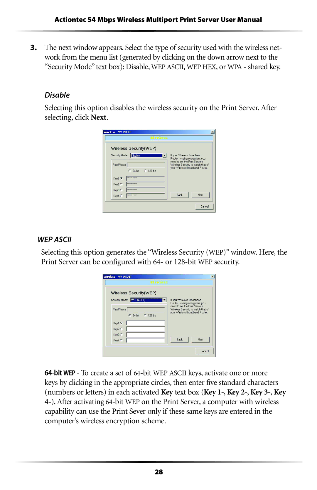 Actiontec electronic 802PSG user manual Disable, WEP Ascii 