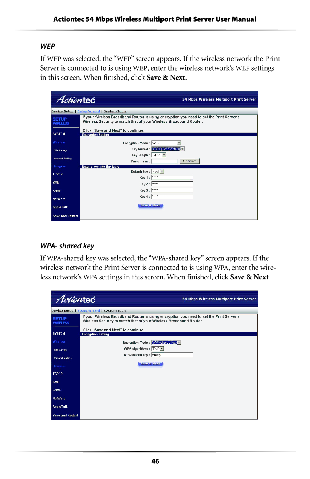 Actiontec electronic 802PSG user manual Wep, WPA- shared key 