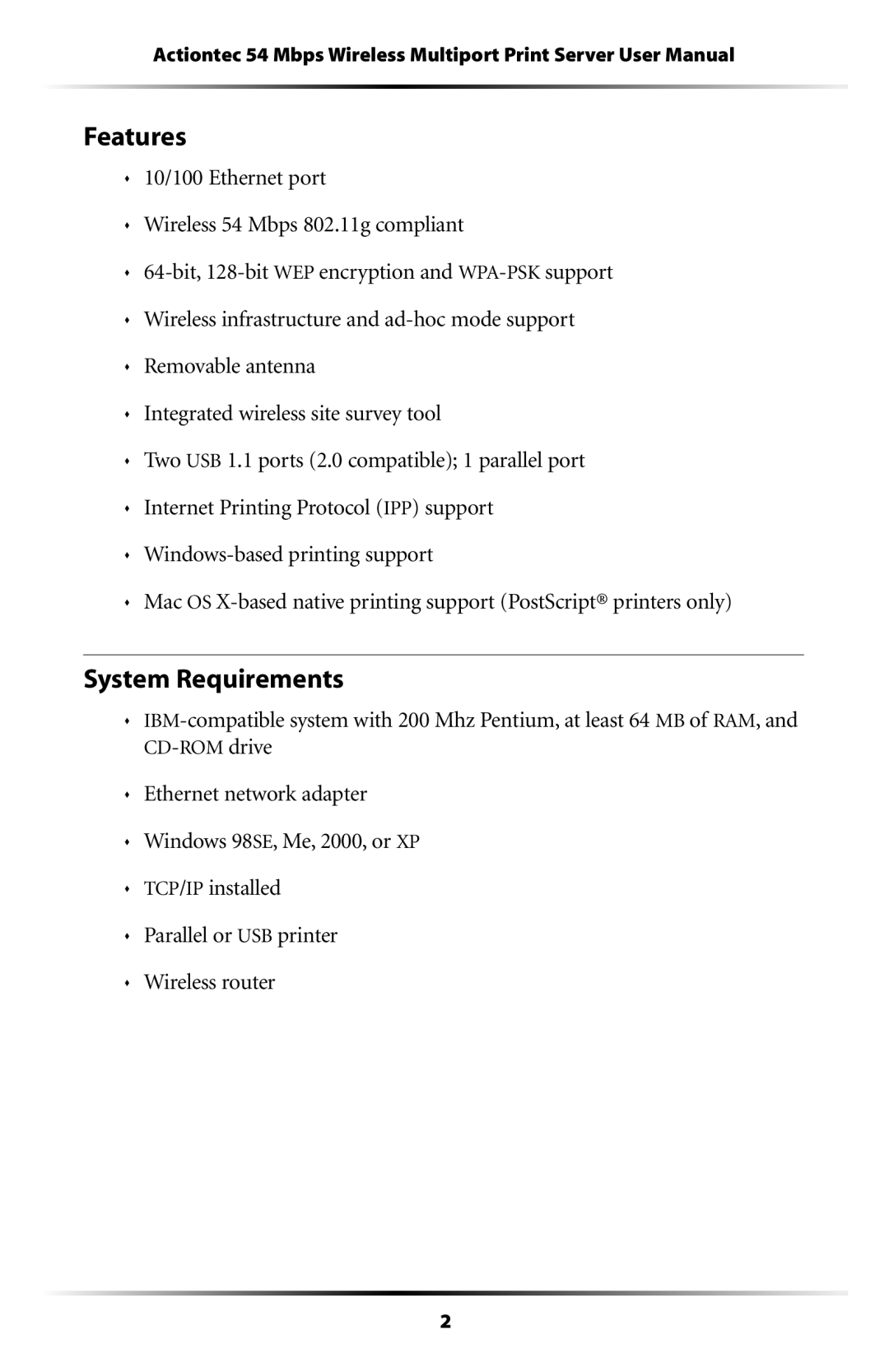 Actiontec electronic 802PSG user manual Features, System Requirements 