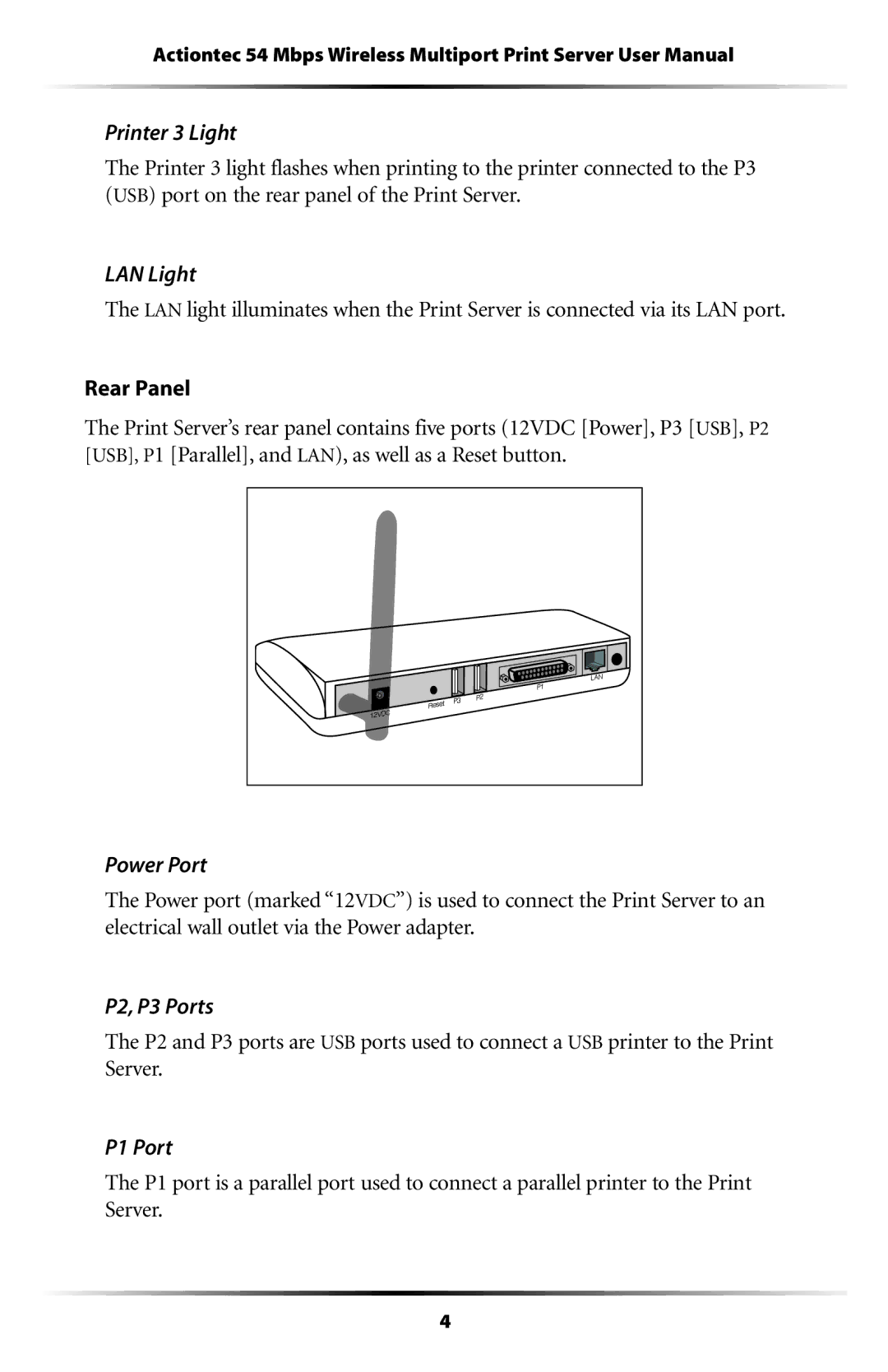 Actiontec electronic 802PSG user manual Printer 3 Light, LAN Light, Power Port, P2, P3 Ports, P1 Port 