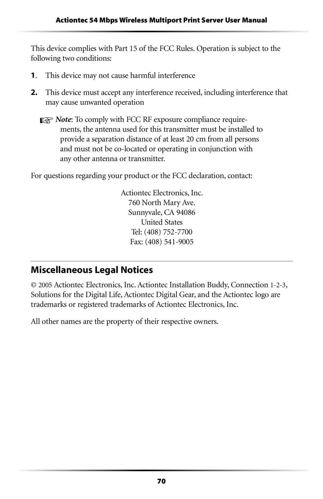 Actiontec electronic 802PSG Miscellaneous Legal Notices, All other names are the property of their respective owners 