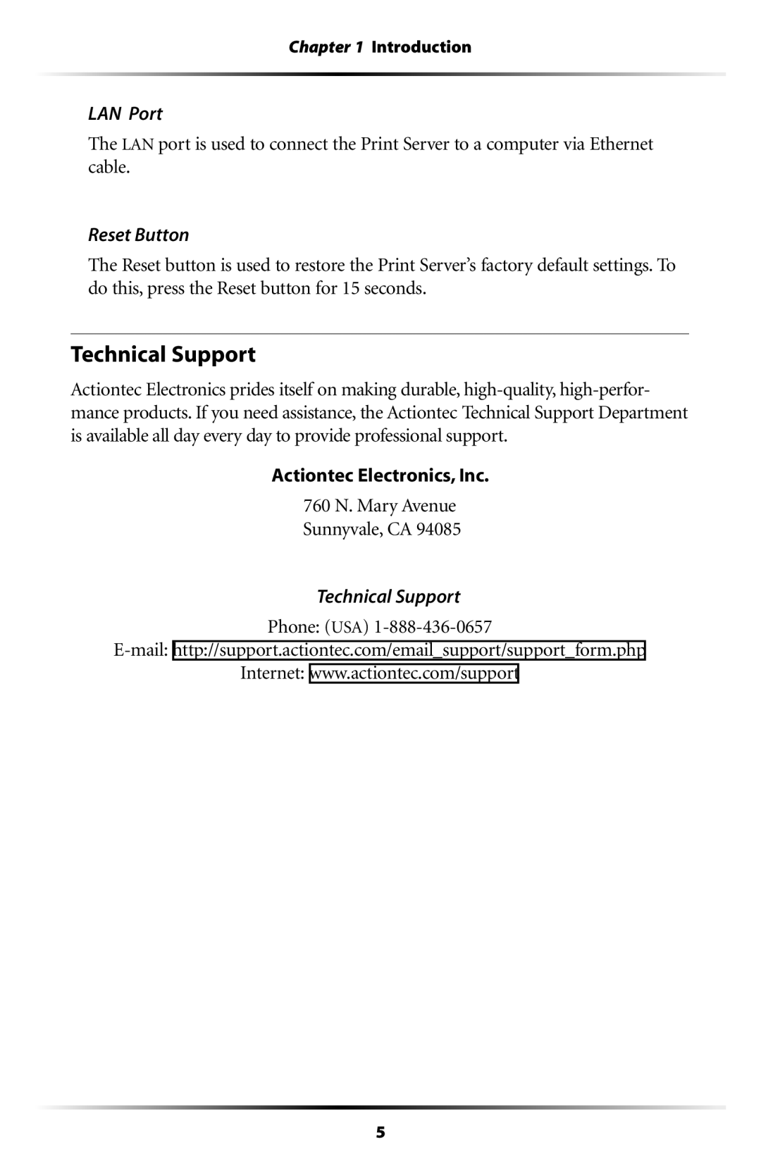 Actiontec electronic 802PSG user manual Technical Support, LAN Port, Reset Button 