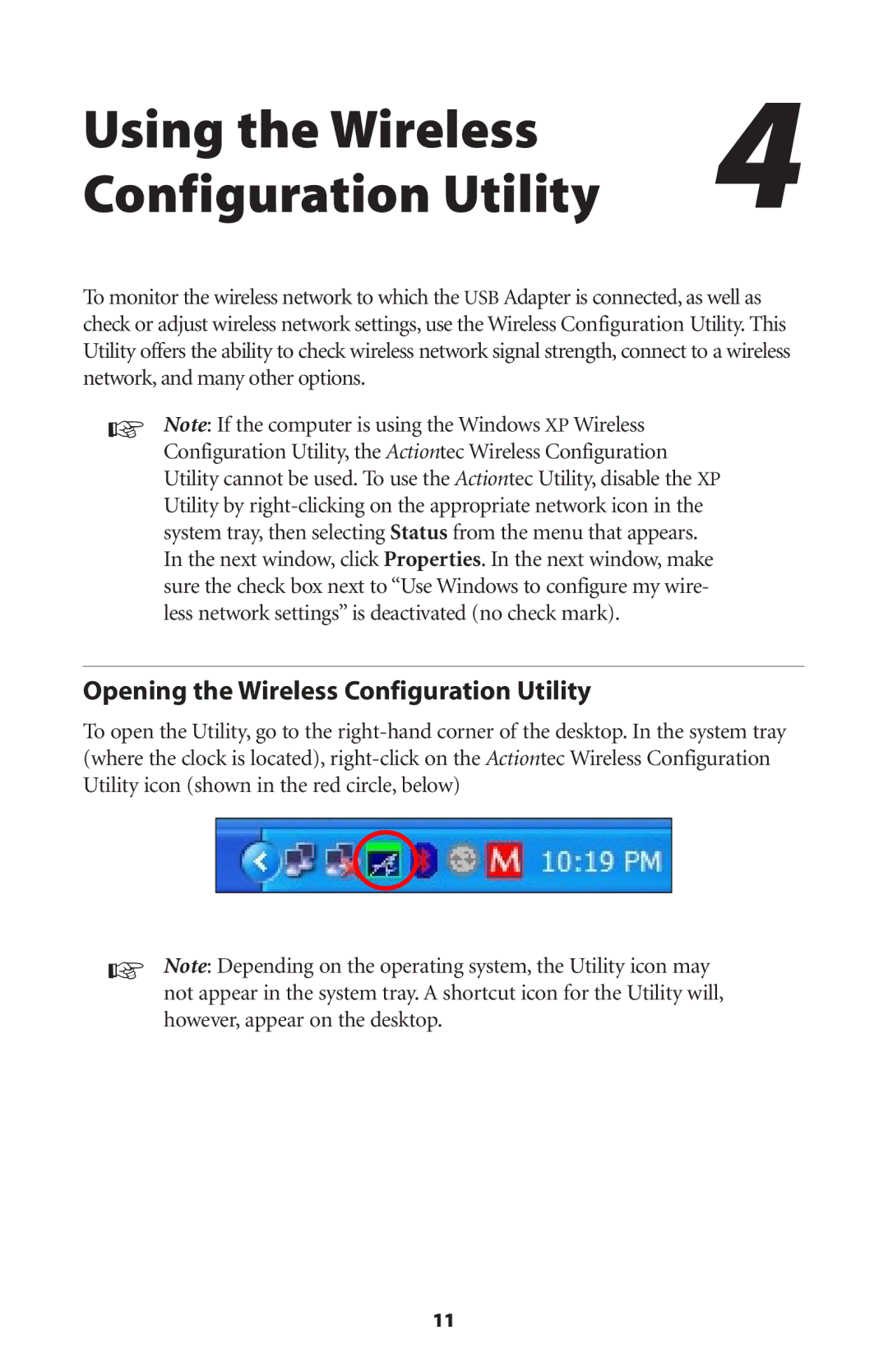 Actiontec electronic 802UIG Using the Wireless Configuration Utility, Opening the Wireless Configuration Utility 