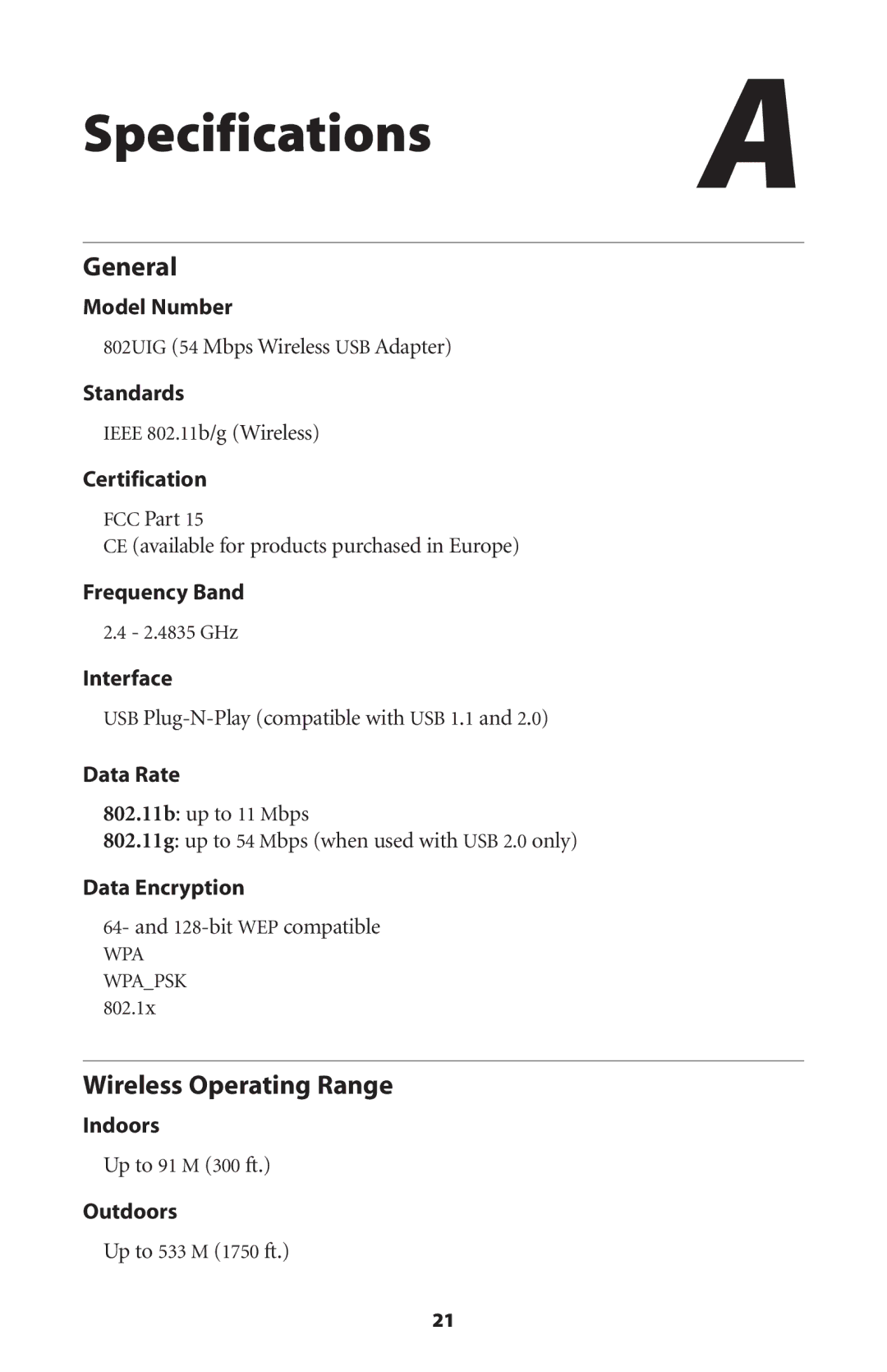 Actiontec electronic 802UIG user manual Specifications a, General, Wireless Operating Range 