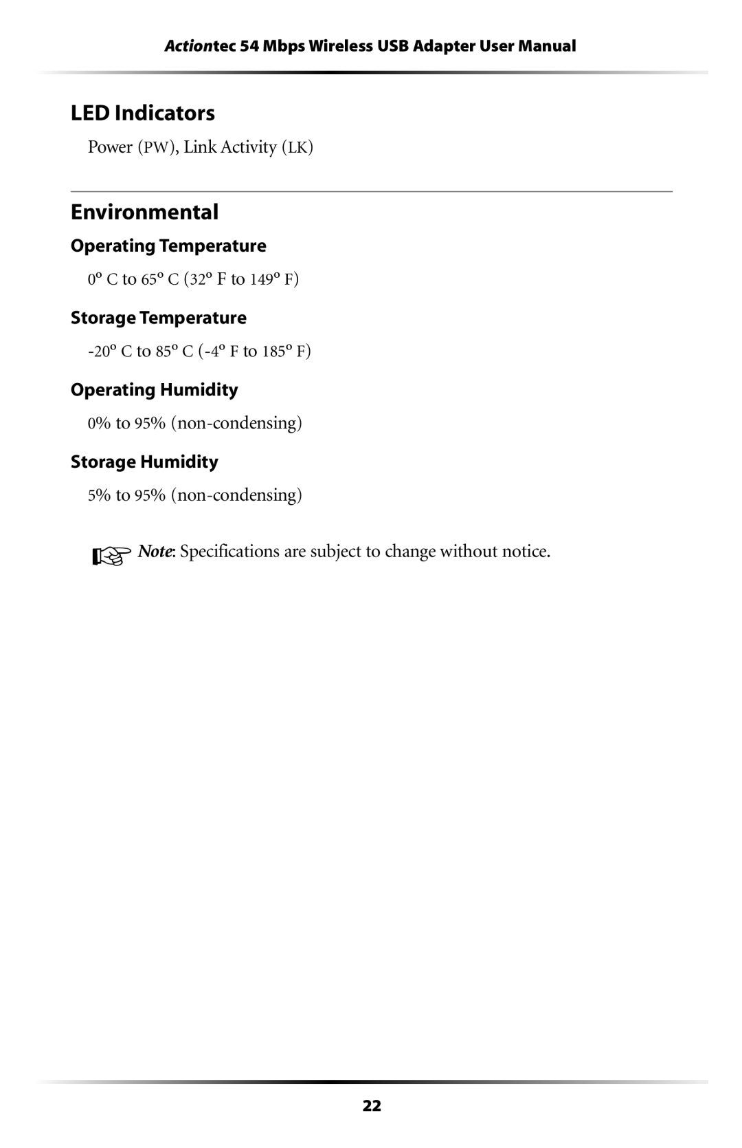 Actiontec electronic 802UIG user manual LED Indicators, Environmental 