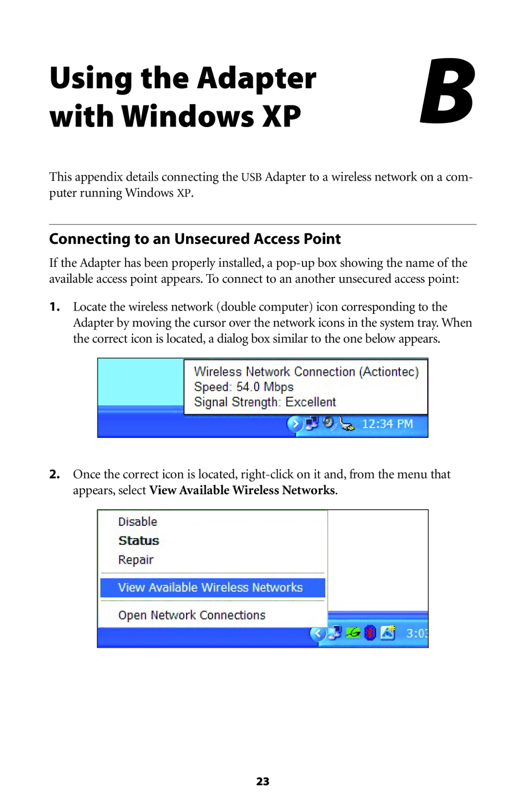 Actiontec electronic 802UIG user manual Using the Adapter With Windows XP, Connecting to an Unsecured Access Point 