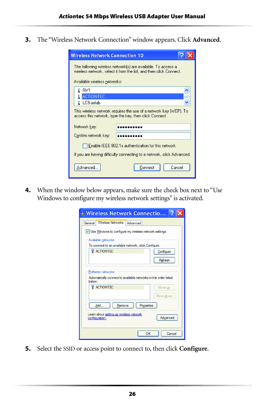 Actiontec electronic 802UIG user manual Wireless Network Connection window appears. Click Advanced 