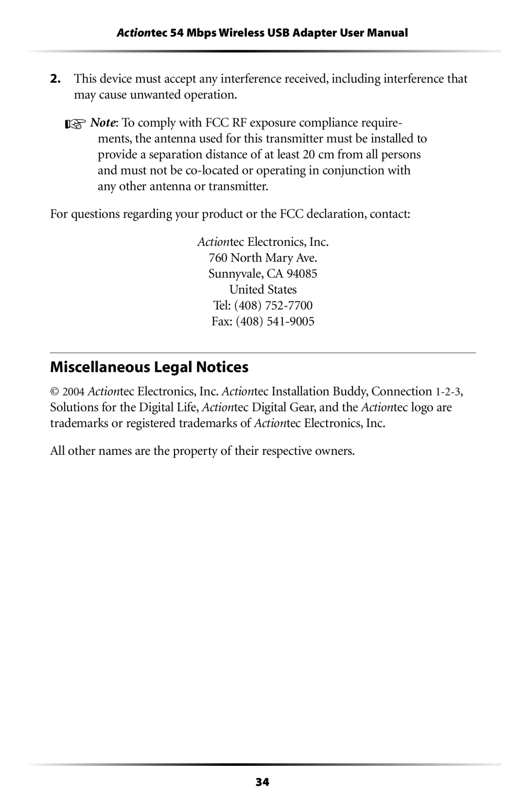 Actiontec electronic 802UIG user manual Miscellaneous Legal Notices 