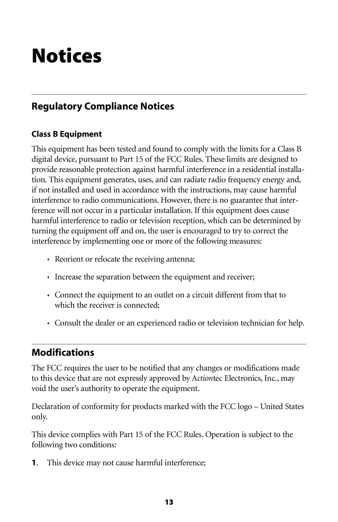 Actiontec electronic BTHS-6023-F user manual Regulatory Compliance Notices, Modifications, Class B Equipment 