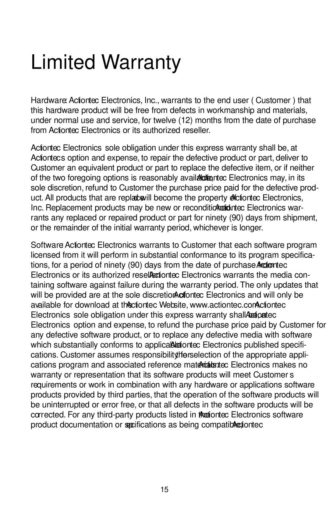 Actiontec electronic BTHS-6023-F user manual Limited Warranty 