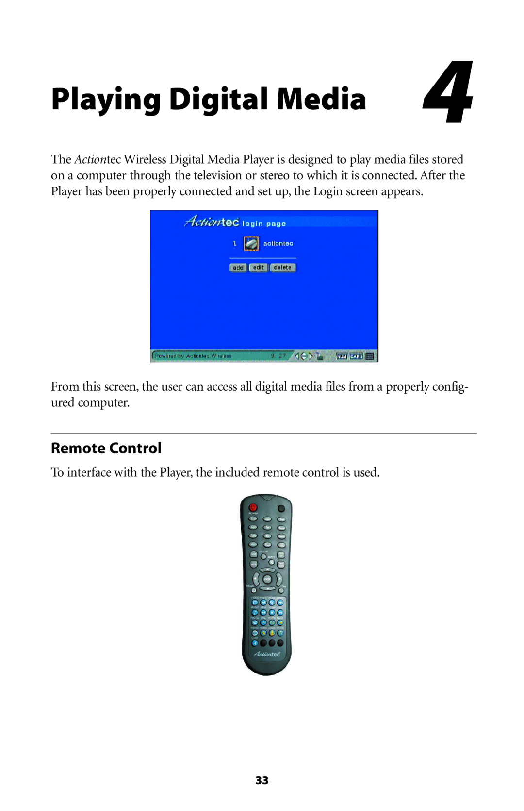 Actiontec electronic DMP011000-01 user manual Playing Digital Media, Remote Control 