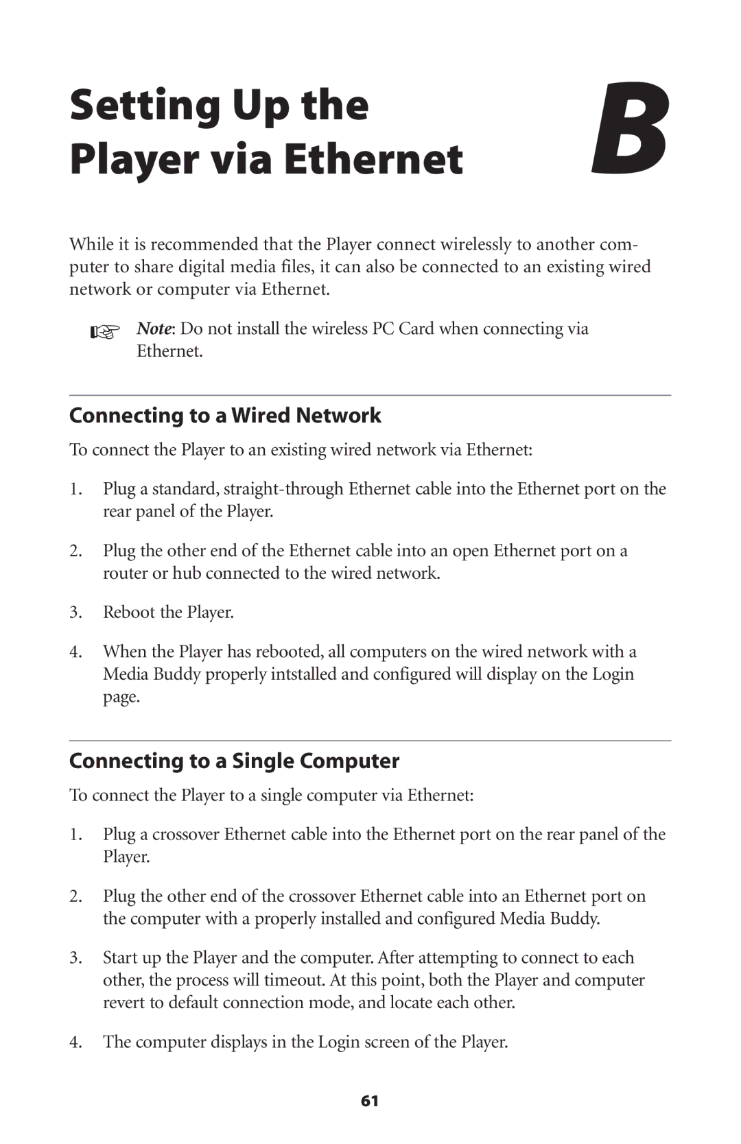 Actiontec electronic DMP011000-01 user manual Setting Up Player via Ethernet, Connecting to a Wired Network 