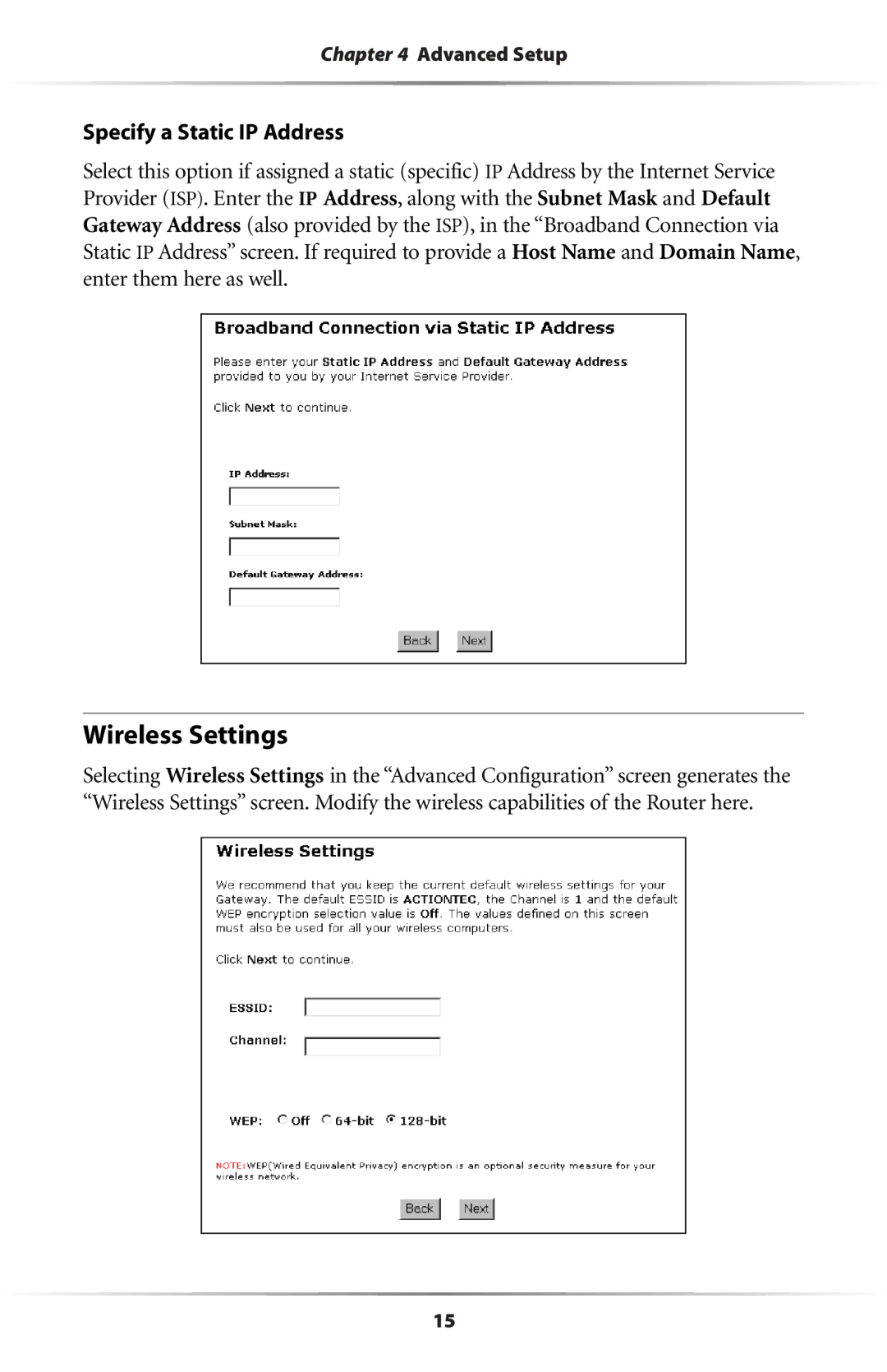 Actiontec electronic GE344000-01 user manual Wireless Settings, Specify a Static IP Address 