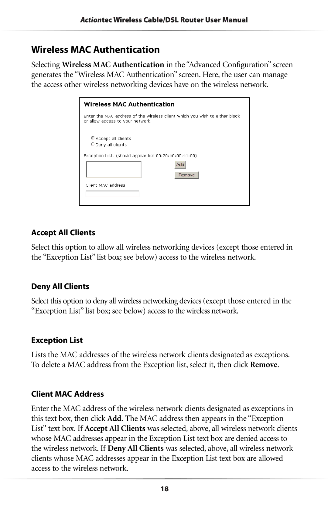 Actiontec electronic GE344000-01 Wireless MAC Authentication, Accept All Clients, Deny All Clients, Exception List 