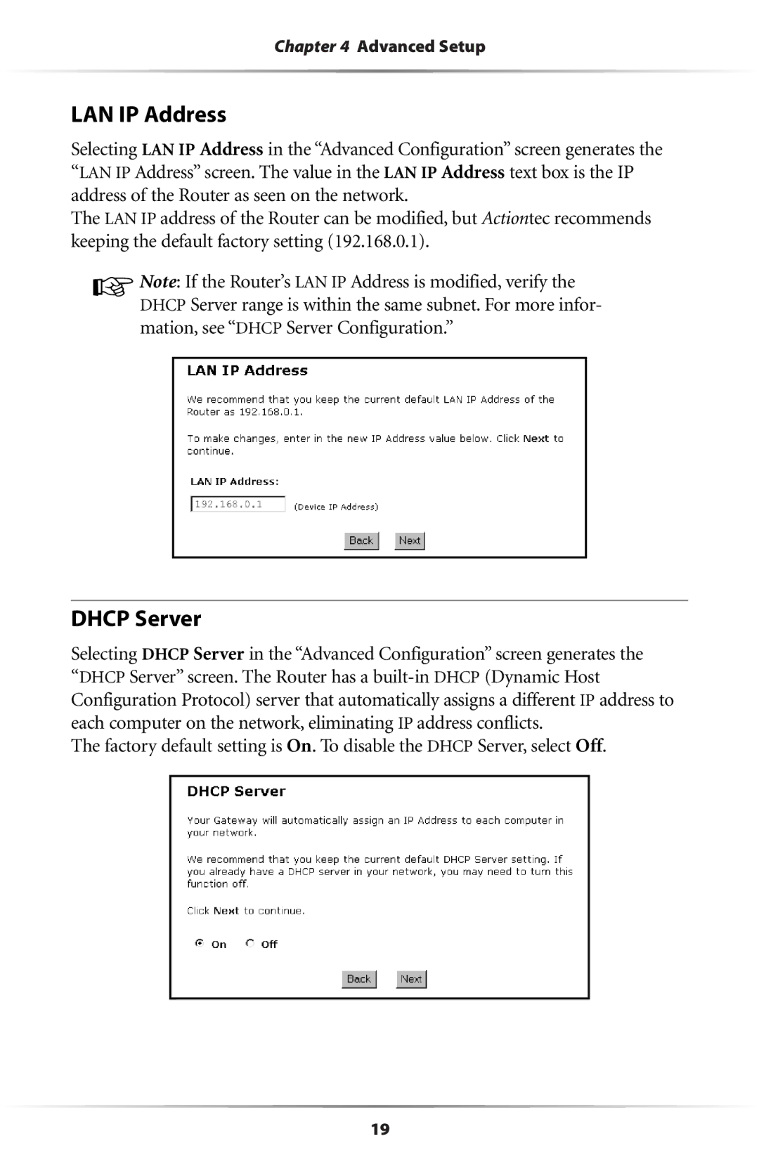 Actiontec electronic GE344000-01 user manual LAN IP Address, Dhcp Server 