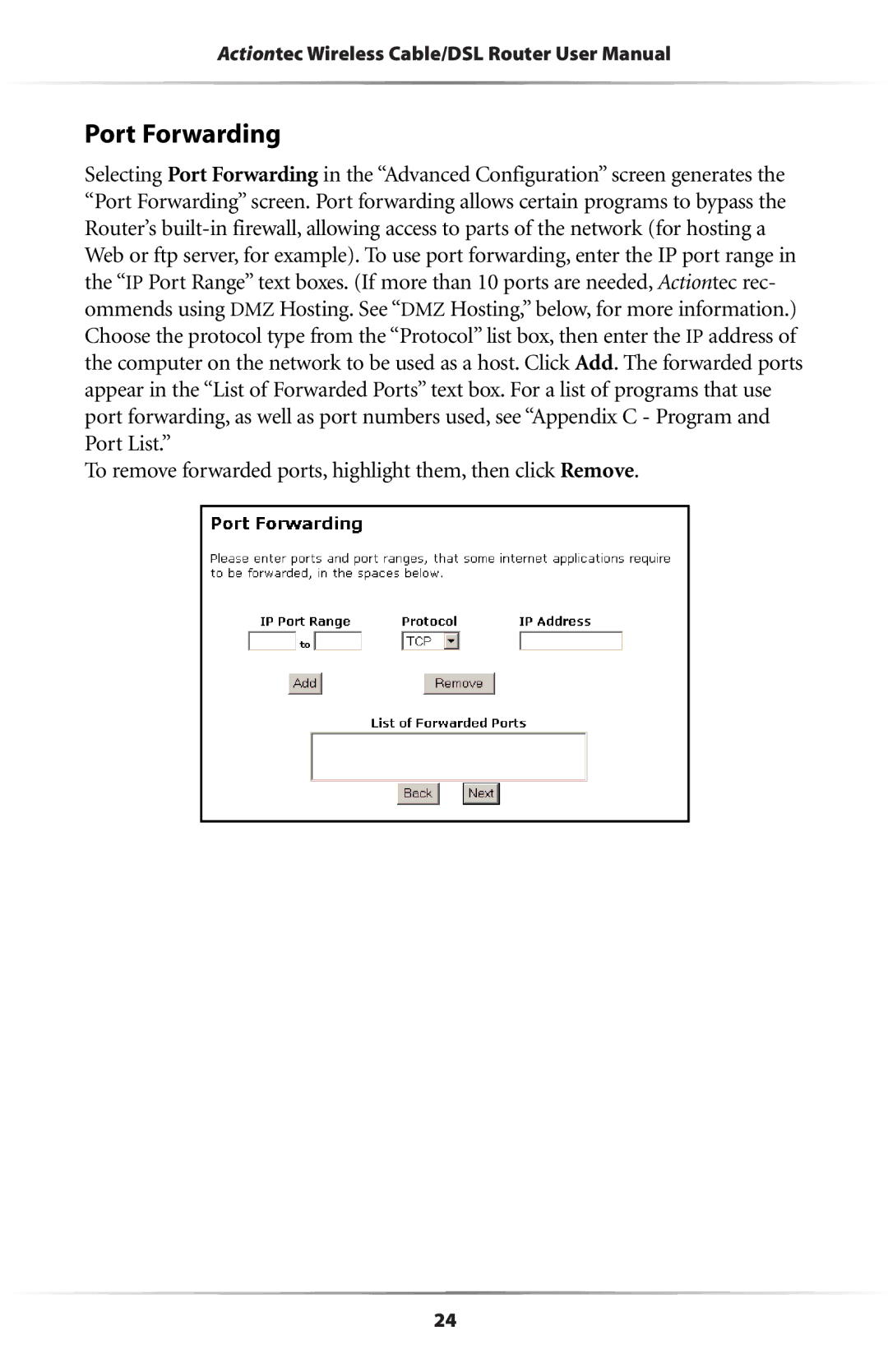 Actiontec electronic GE344000-01 user manual Port Forwarding 